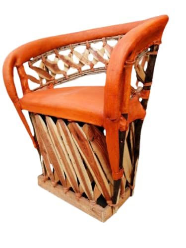Handmade Traditional Mexican Equipal Chair - Acapulco Style Orange Leather - Authentic Artisanal Furniture for Home, Bar, Office & Restaurant - Perfect for Patio, Lounge & Outdoor Decor