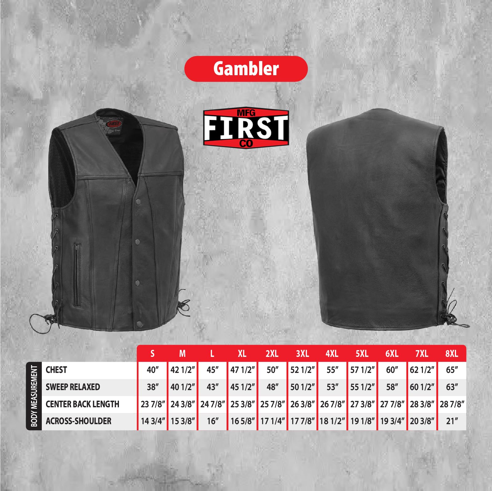 First Mfg Co Gambler Men's Motorcycle Biker Riding Leather Denim Vest - Premium Motorcycle Jacket for Harley Riders - Perfect for Cruising, Road Trips & Biker Events