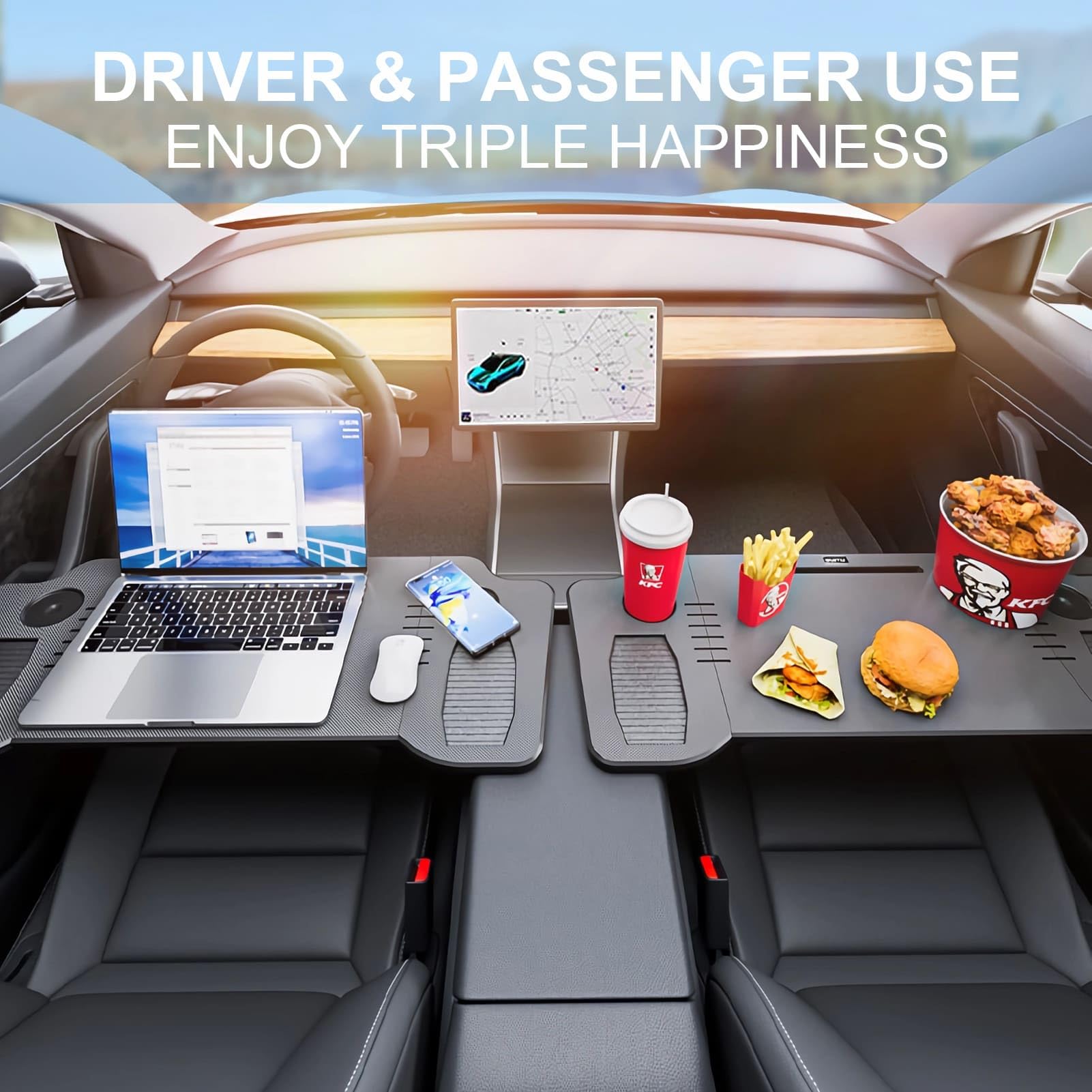 2025 Upgraded Foldable Car Laptop Desk for Tesla Model Y & 3 - Portable Steering Wheel Tray Table for Eating, Working & Camping | Perfect for Road Trips, Remote Work & Outdoor Adventures