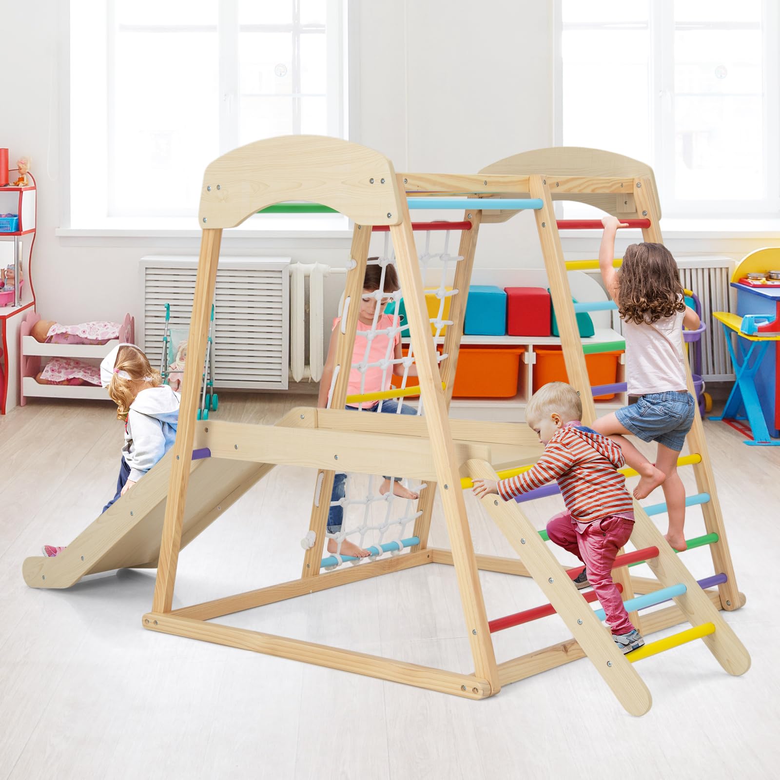 Costzon 6-in-1 Indoor Jungle Gym for Toddlers - Montessori Climbing Toys with Slide, Climbing Net & Monkey Bars - Wooden Playground Climber Playset for Kids - Perfect Gift for Birthday & Christmas - Ideal for Home Playroom, Daycare & Preschool Activities