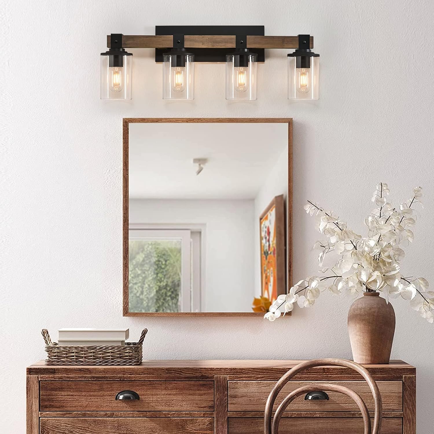 Farmhouse Bathroom Vanity Lights - DADUL 4-Light Rustic Wood Wall Sconce with Clear Glass Shade for Bathroom, Living Room & Kitchen | Industrial Style Lighting Fixture for Home Decor