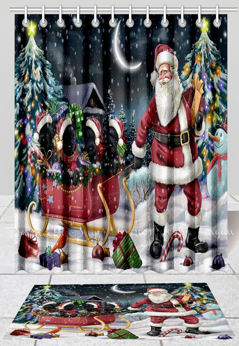 Scottish Terrier Christmas Santa Sled Shower Curtain & Bath Mat Set - Anti-Slip Bathroom Decor, Plush Rug, Polyester Bathtub Curtain with Hooks (Bath Mat 16