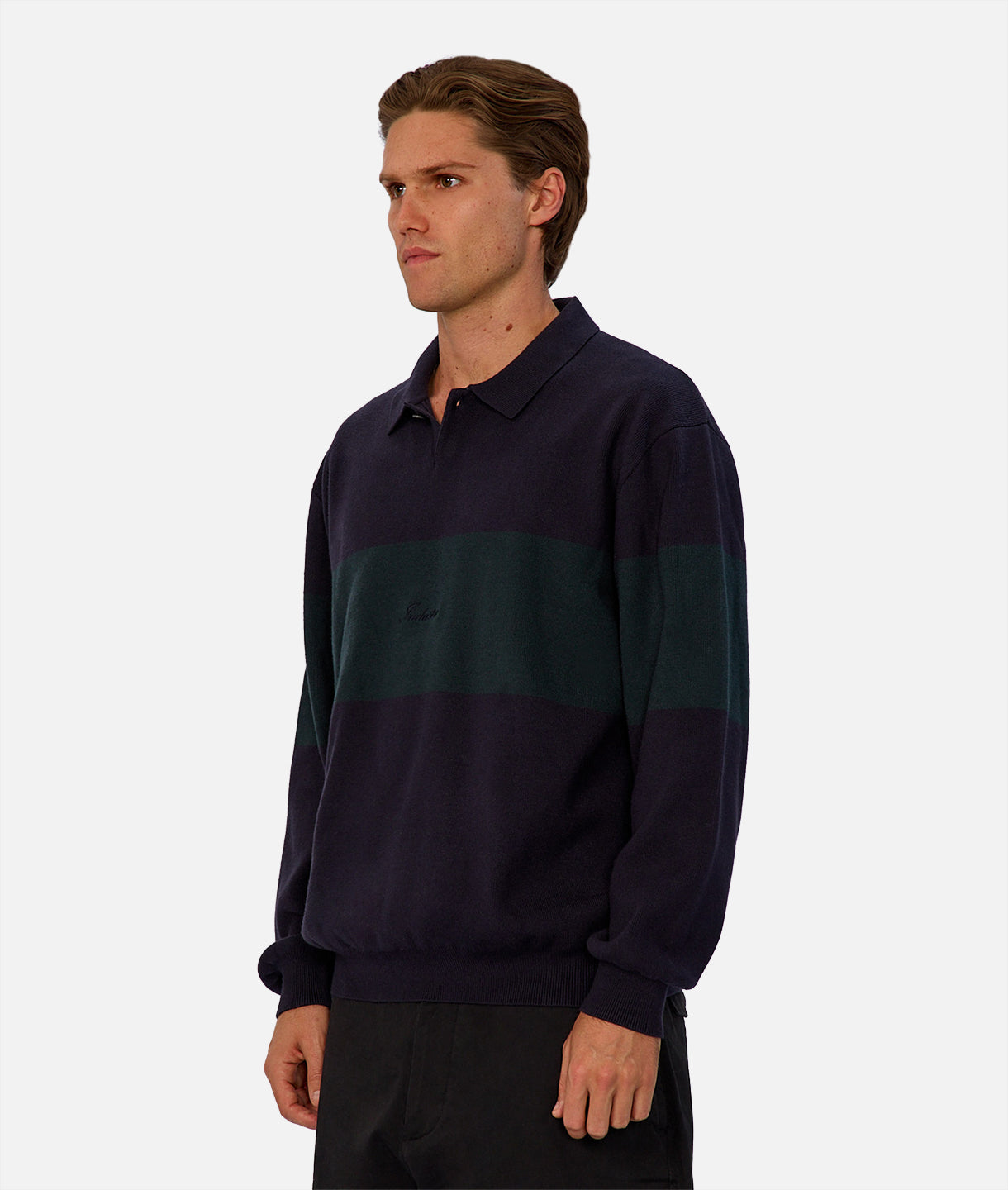 Stylish Navy Green Paneled Knit Sweater - Trendy Women's Fashion for Casual Outings & Fall Layering