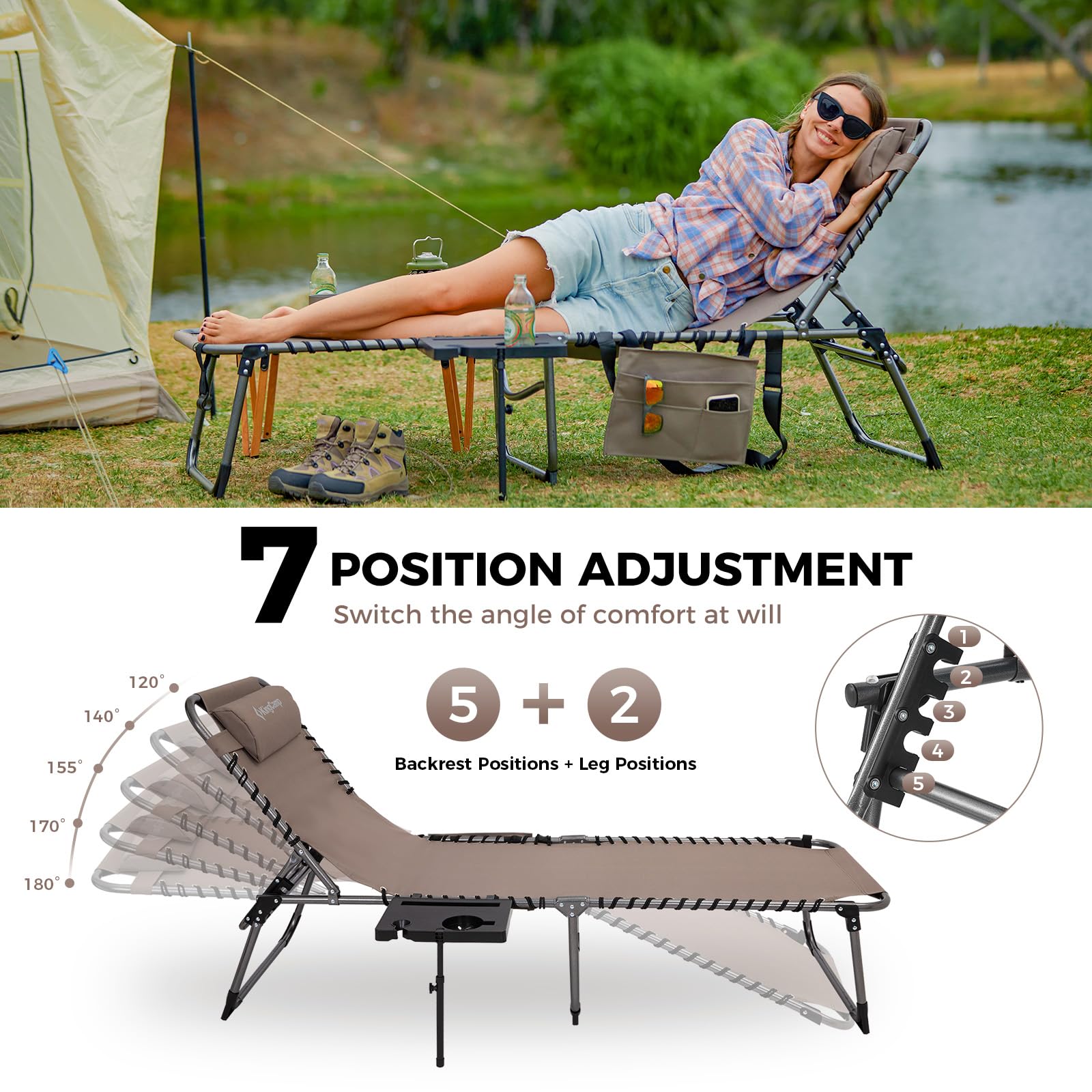 KingCamp Folding Chaise Lounge Chair - Portable Outdoor Recliner for Beach, Pool, Patio, Camping & Backyard Relaxation with Adjustable Backrest, Pillow & Side Table (Beige, 1 Pack) - Perfect for Sunbathing, Picnics, and Outdoor Lounging