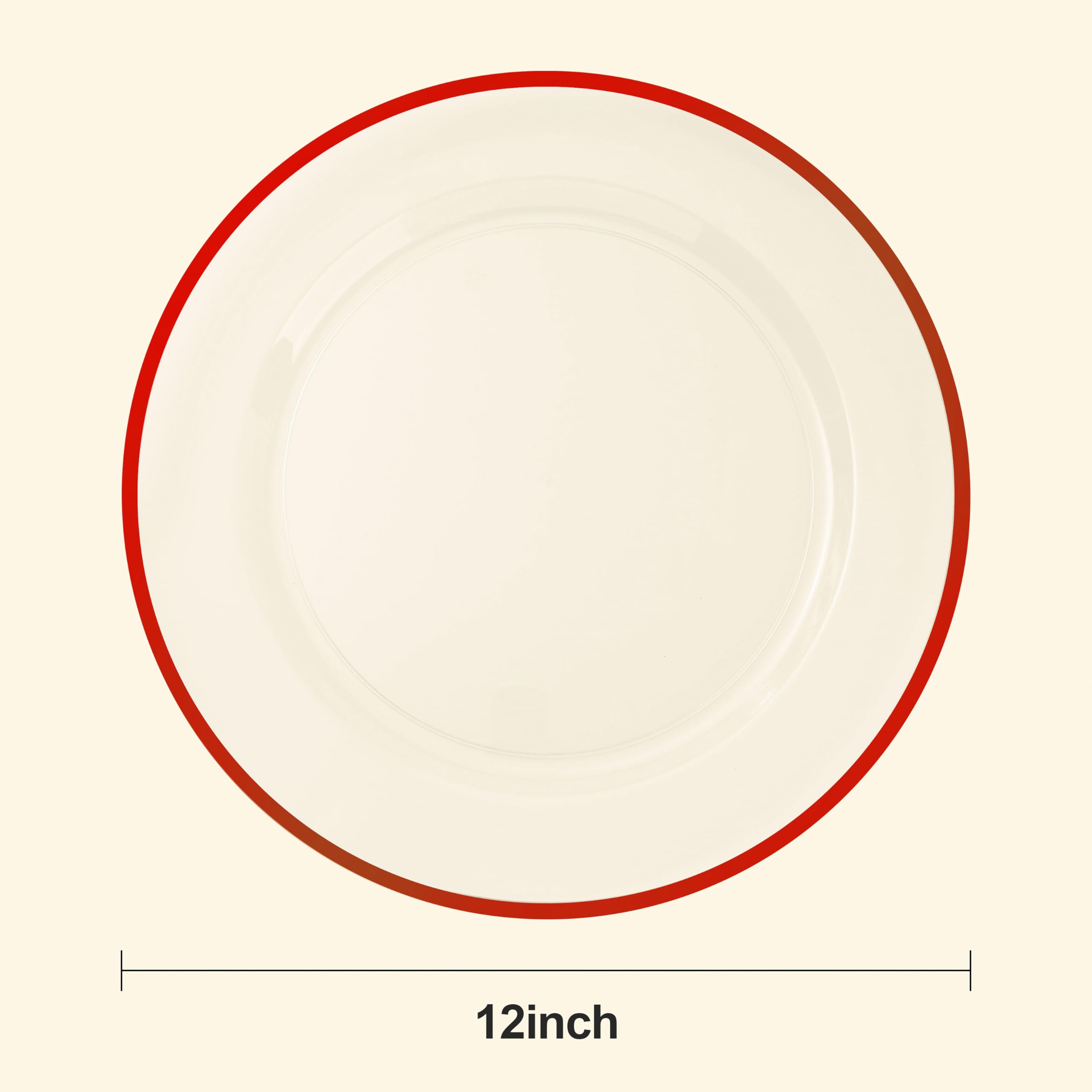 12 Inch Disposable Plastic Charger Plates - 15 Pack Clear Dinner Plates with Elegant Red Rim - Perfect for Weddings, Parties, Banquets & Formal Dining Events - Elegant Table Decor for Special Occasions