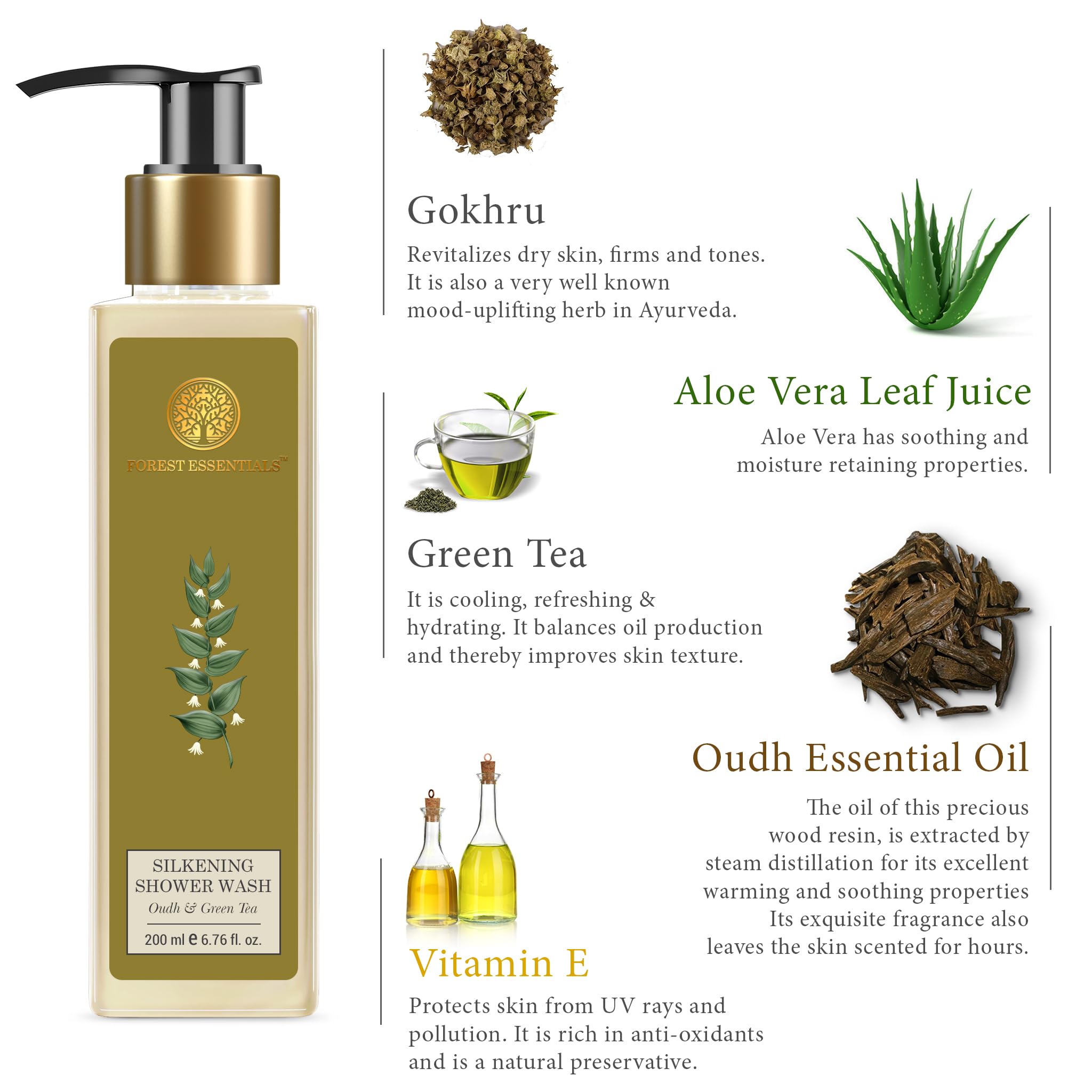 Forest Essentials Silkening Shower Wash with Oudh & Green Tea - Luxurious Body Cleanser for Soft, Smooth Skin - Perfect for Daily Shower & Spa Relaxation