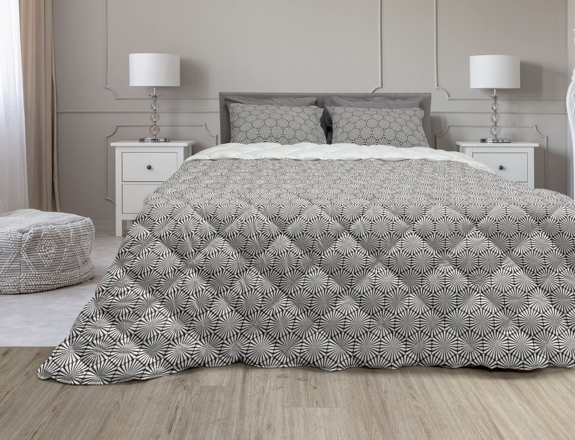 Ambesonne Floral Comforter Set with Sham - Abstract Geometric Fractal Petals Design, Microfiber Filling Quilt, Twin Size, Eggshell Dark Blue Grey - Perfect for Bedroom Decor, Guest Room & Dormitory