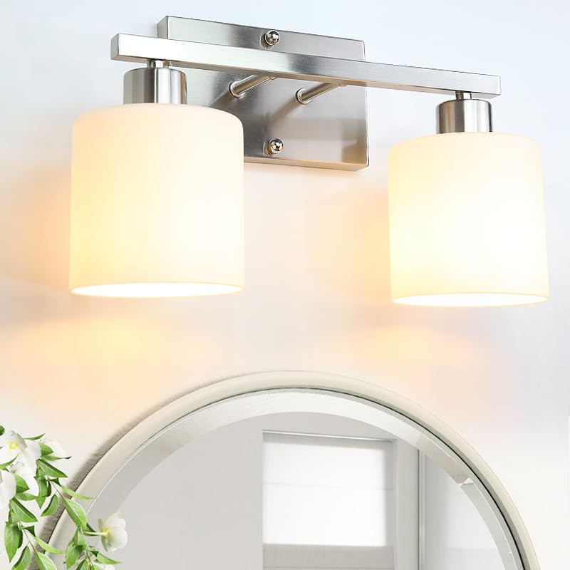 Modern 2-Light Bathroom Vanity Fixture - Brushed Nickel with Milky Glass Shades, E26 Socket - Perfect for Bedroom & Living Room Lighting