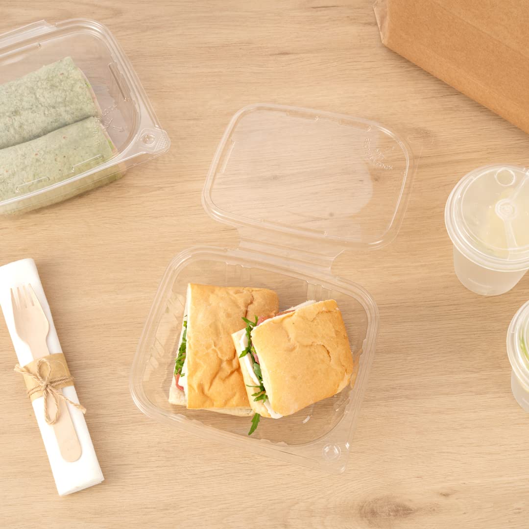 Restaurantware Tamper Tek 24oz (100 Pack) Clear Plastic Take Out Containers with Hinged Lid - Tamper-Evident, Freezable, Disposable Meal Prep Containers for Deli, Lunches, Catering & Food Storage