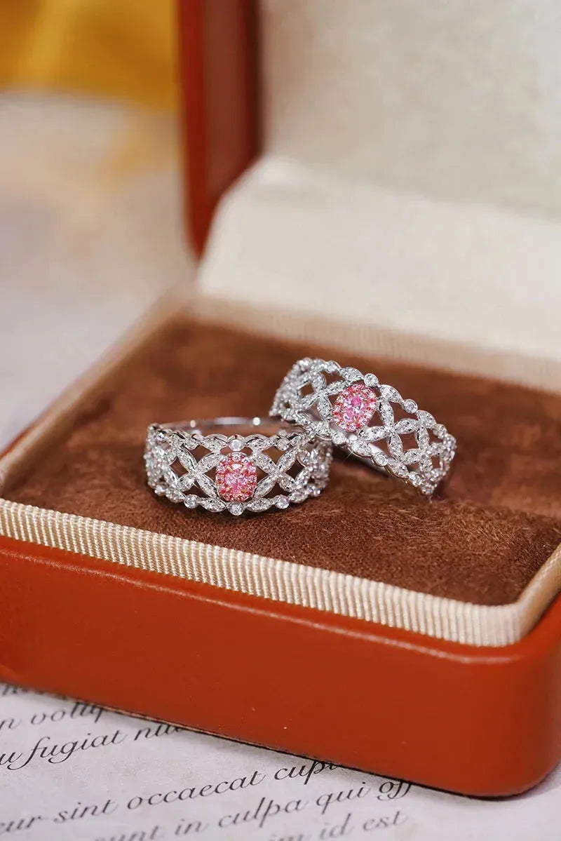 18K White Gold Romantic Hollow Out Lace Engagement Ring with Real Pink Diamond for Women - Perfect for Proposals, Anniversaries & Special Occasions