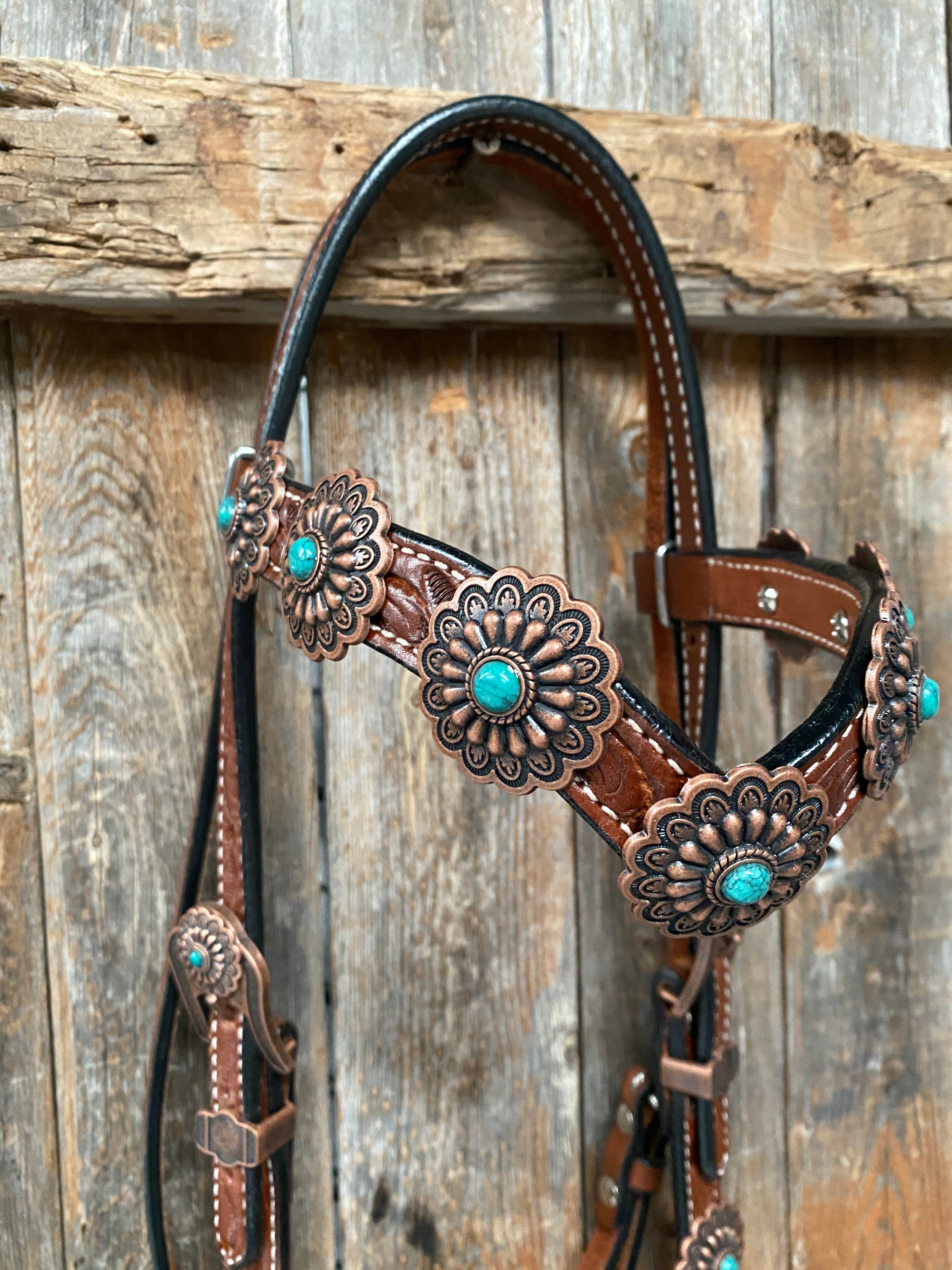 Medium Oil Copper Turquoise Browband Tack Set for Horses - Western Style Equestrian Bridle Accessories #BBBC468 | Perfect for Show, Trail Riding, and Ranch Work