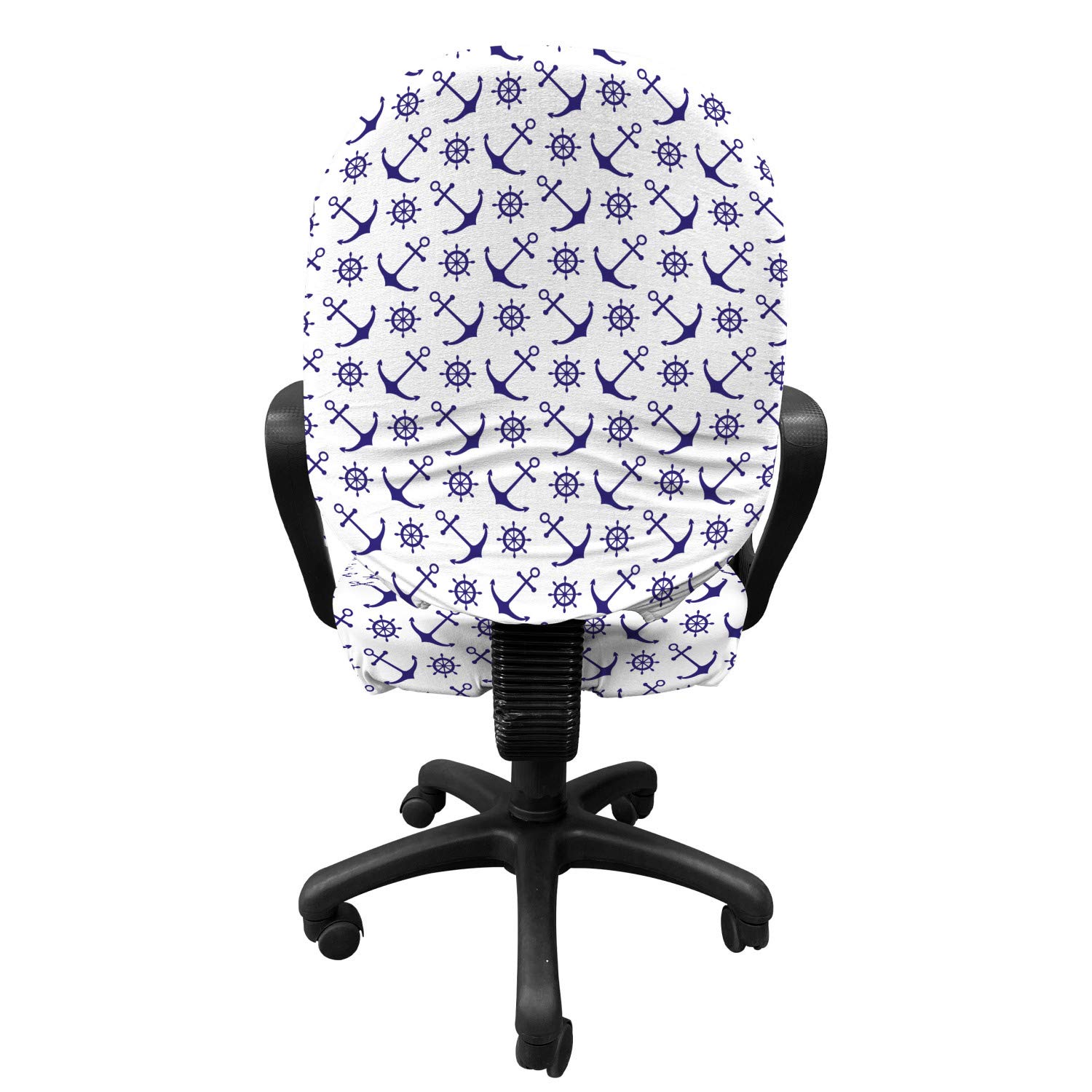 Ambesonne Navy Blue Office Chair Slipcover - Nautical Anchor & Ship Steering Wheel Design, Stretchable Protective Fabric Cover for Home & Office Use, Dark Blue & White Marine Theme Decoration