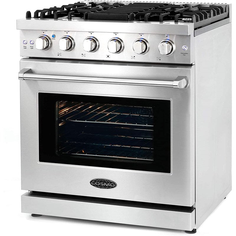 Cosmo 30 Inch Slide-In Freestanding Gas Range - 5 Sealed Burners, Cast Iron Grates, 4.5 cu. ft. Convection Oven - Stainless Steel COS EPGR304 - Perfect for Home Kitchens & Professional Cooking