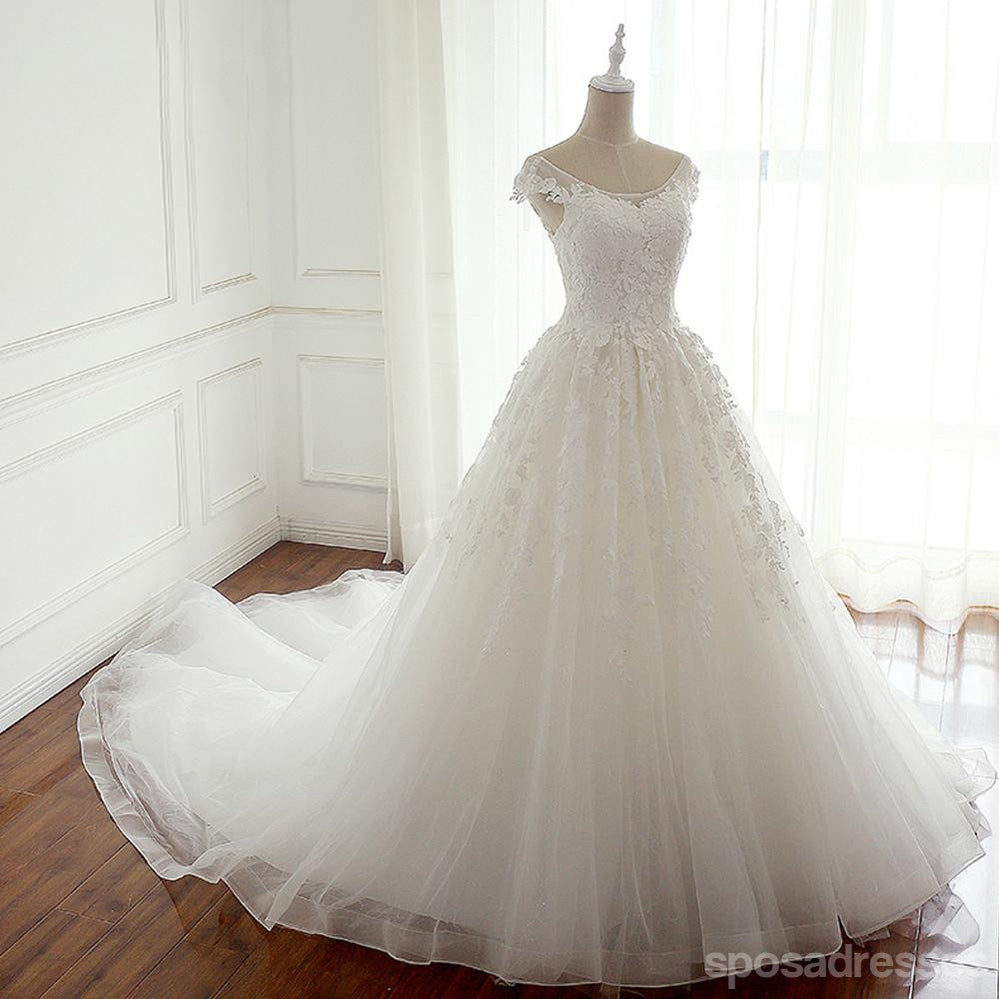 Elegant Cap Sleeve Scoop Neck Lace A-Line Wedding Dress | Custom Made Bridal Gown WD274 | Perfect for Church Ceremony, Beach Wedding & Reception