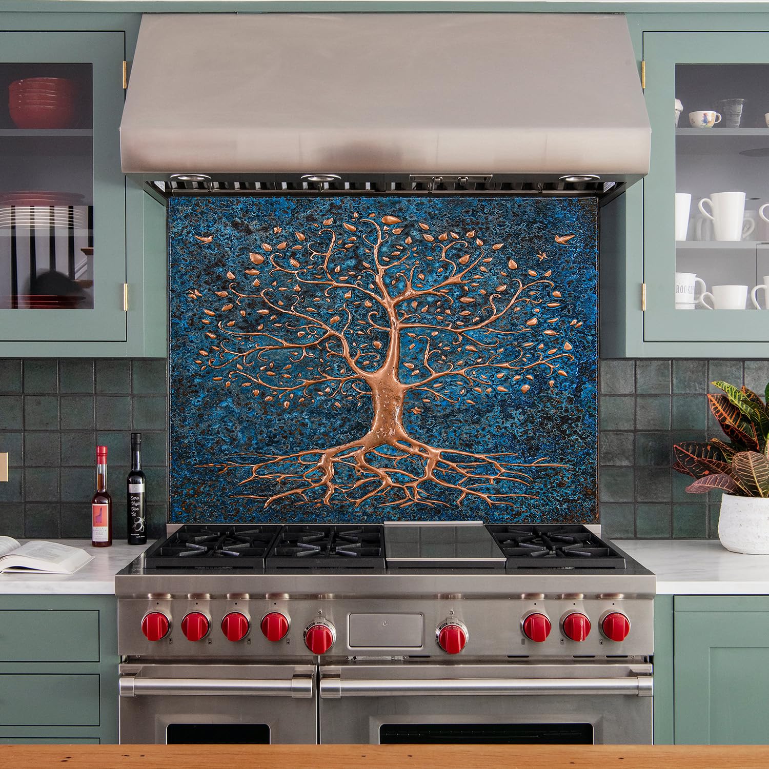 Handmade Copper Backsplash Tile - Tree with Roots Design - Custom Kitchen Backsplash Panel for Indoor & Outdoor Wall Decor (Blue) | Perfect for Modern Kitchens, Bathrooms & Patio Accent Walls