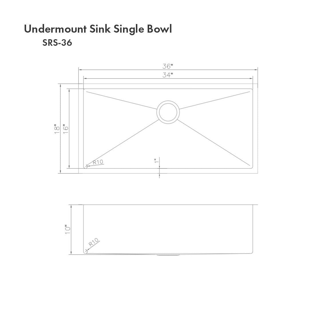 ZLINE 36-Inch Meribel Undermount Single Bowl Stainless Steel Kitchen Sink with Bottom Grid - Multiple Color Options (SRS 36) - Perfect for Modern Kitchens & Restaurant Prep Areas