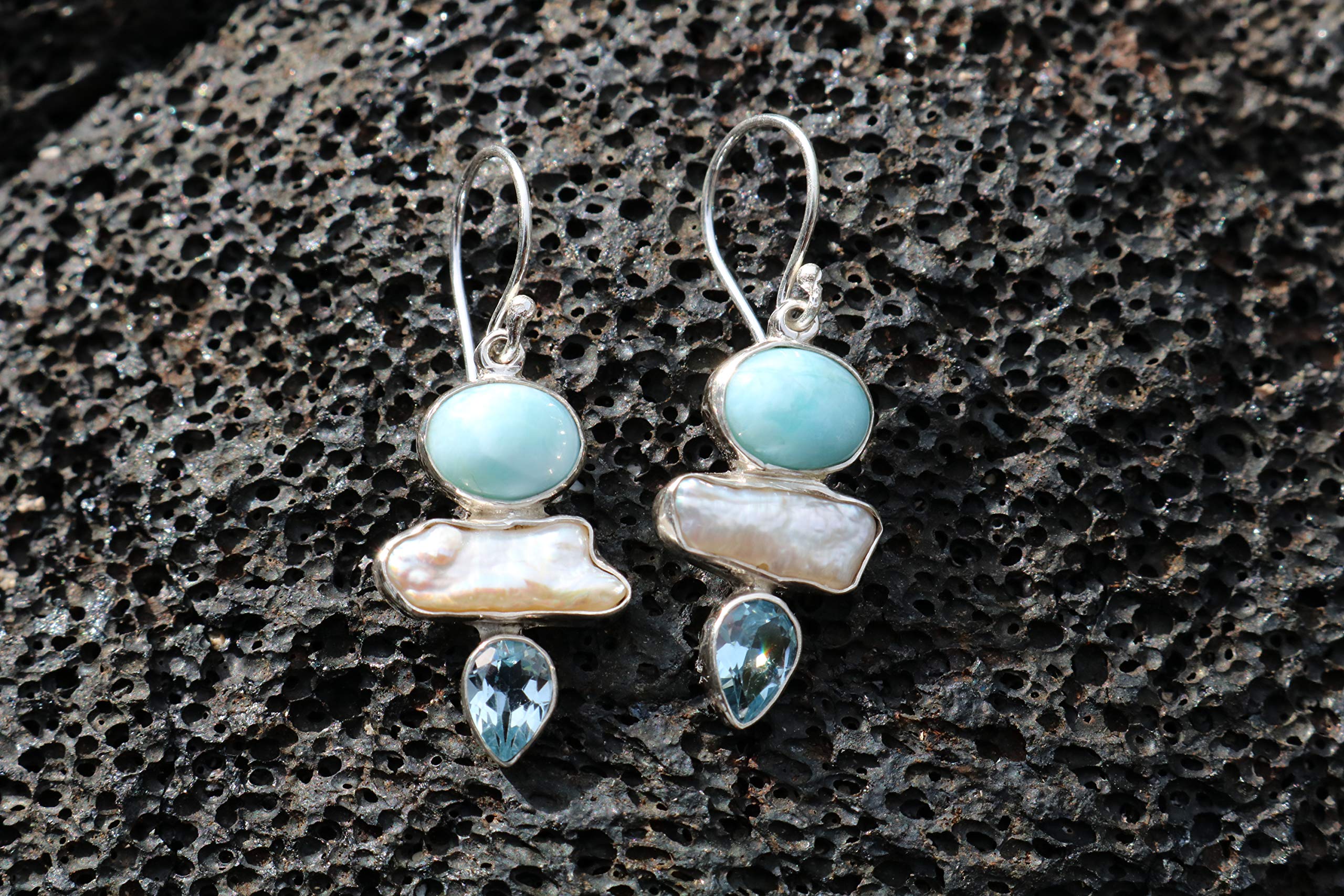 Larimar Pearl Blue Topaz Earrings - Sterling Silver Jewelry for Women - Elegant Dangle Earrings for Parties, Weddings & Special Occasions