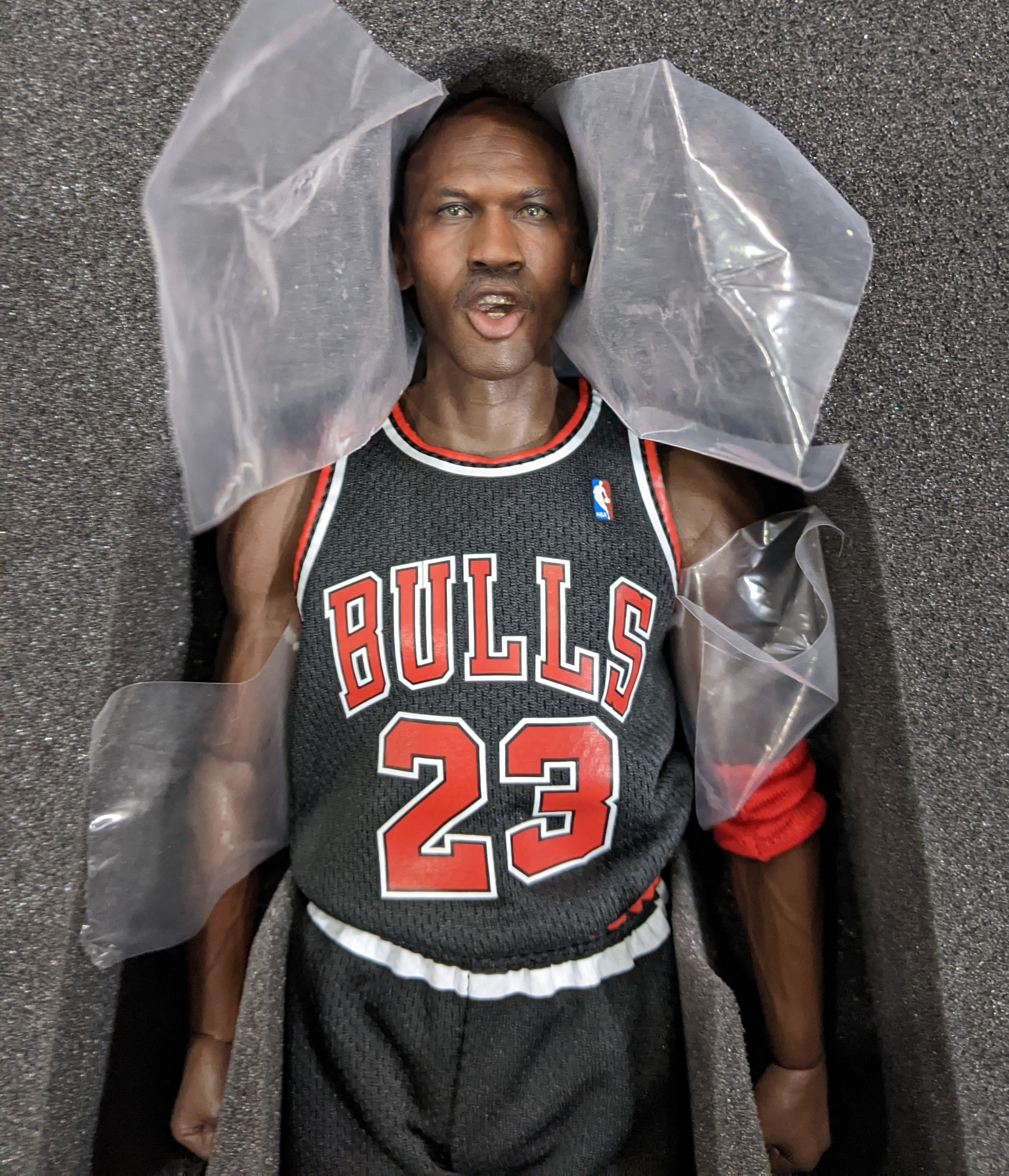 Enterbay Real Masterpieces 1/6 Scale NBA Chicago Bulls Michael Jordan Series 2 - The Last Shot Black Jersey Edition Collectible Action Figure (Open Box) - Perfect for Basketball Fans, Sports Memorabilia Collectors, and Home Office Display