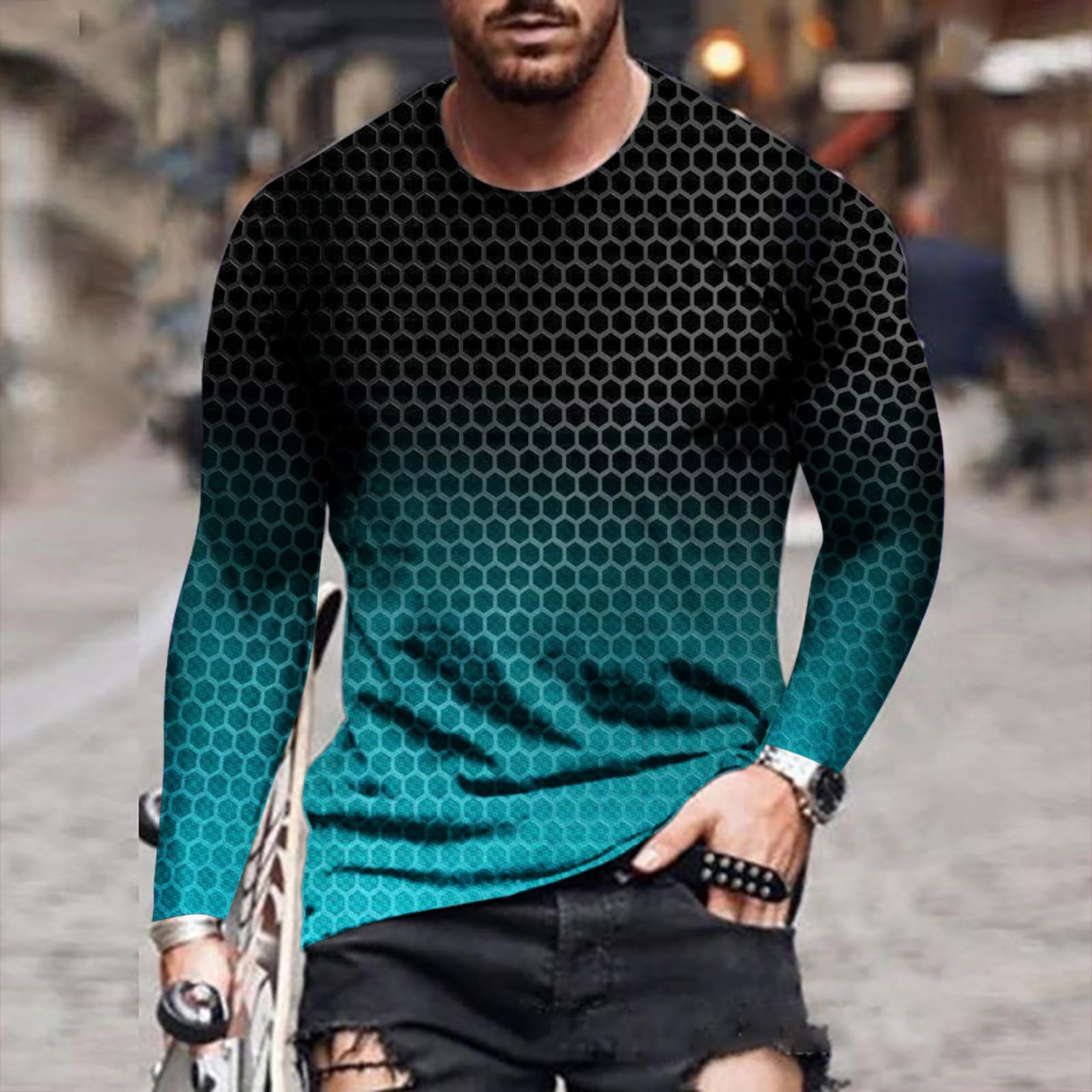 3D Geometry Print Men's Long Sleeve Graphic T-Shirt | Trendy Streetwear Fall Top for Casual Outfits & Urban Fashion