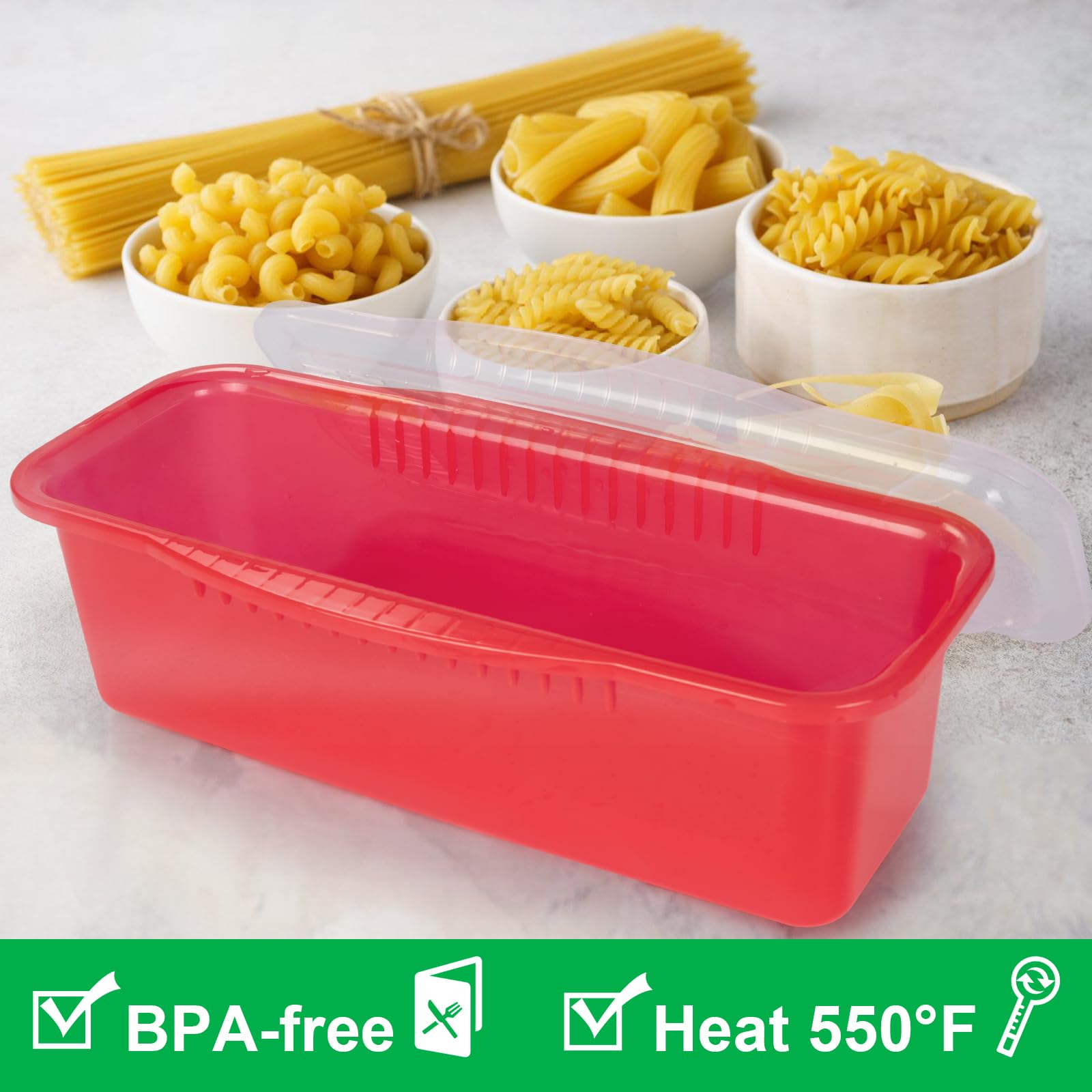 Potahouse® Microwave Pasta Cooker with Strainer Lid - Quick 10-15 Minute Spaghetti & Noodle Cooker - BPA-Free Microwave Steamer for Dorm, Kitchen & Office - Clear Red Design - Perfect for College Students & Busy Professionals