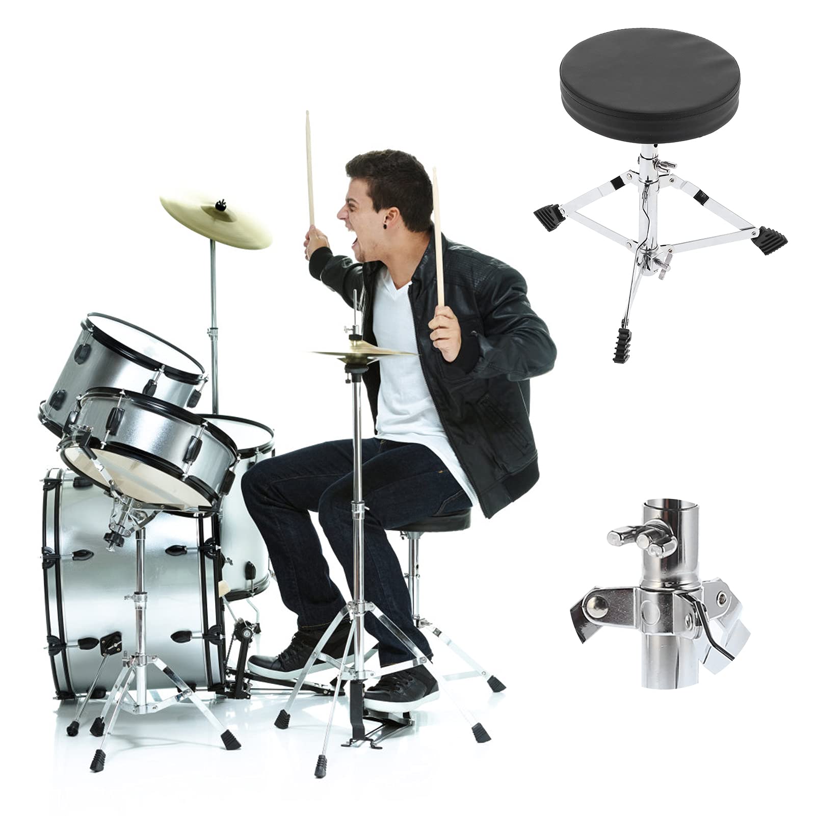 Universal Adjustable Height Drum Throne Stool - Portable Folding Drum Chair with Anti-Slip Feet for Adults & Kids - Includes 2 Drumsticks - Perfect for Practice, Live Performances & Studio Sessions