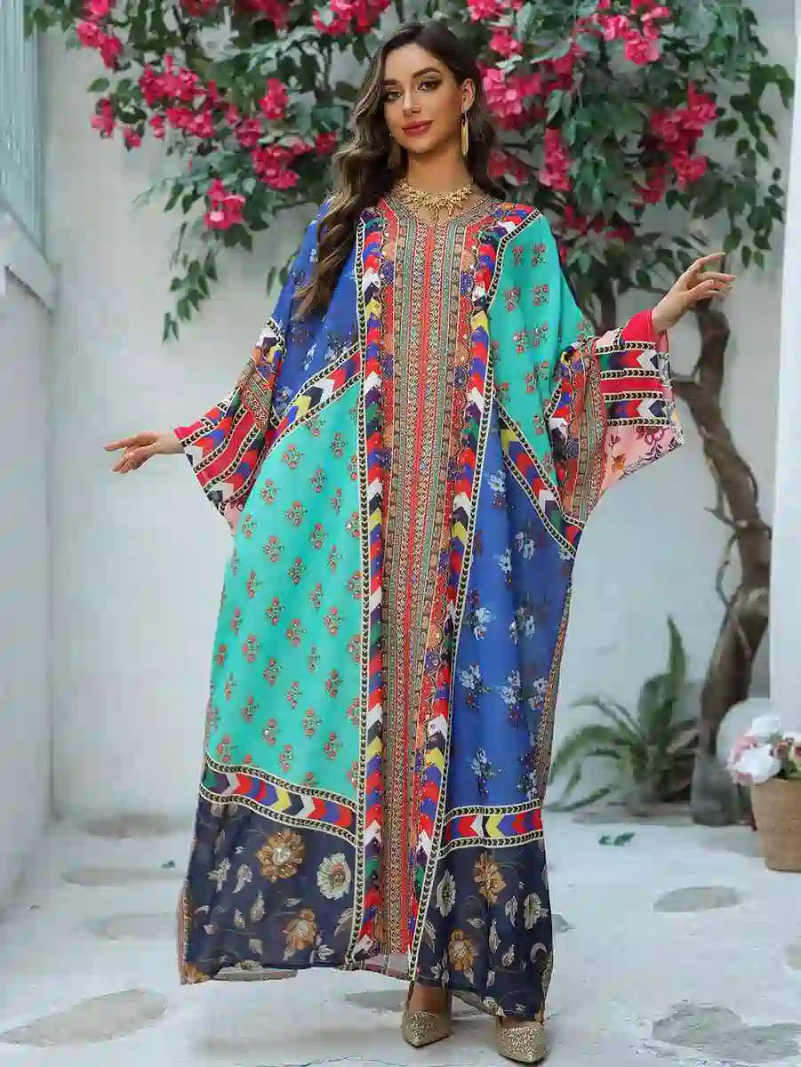 Hotfix Rhinestone Chiffon Printed Caftan Kaftan Dress - Elegant Party Wear for Eid, Wedding, Bridal Shower & Special Occasions | Style #25466