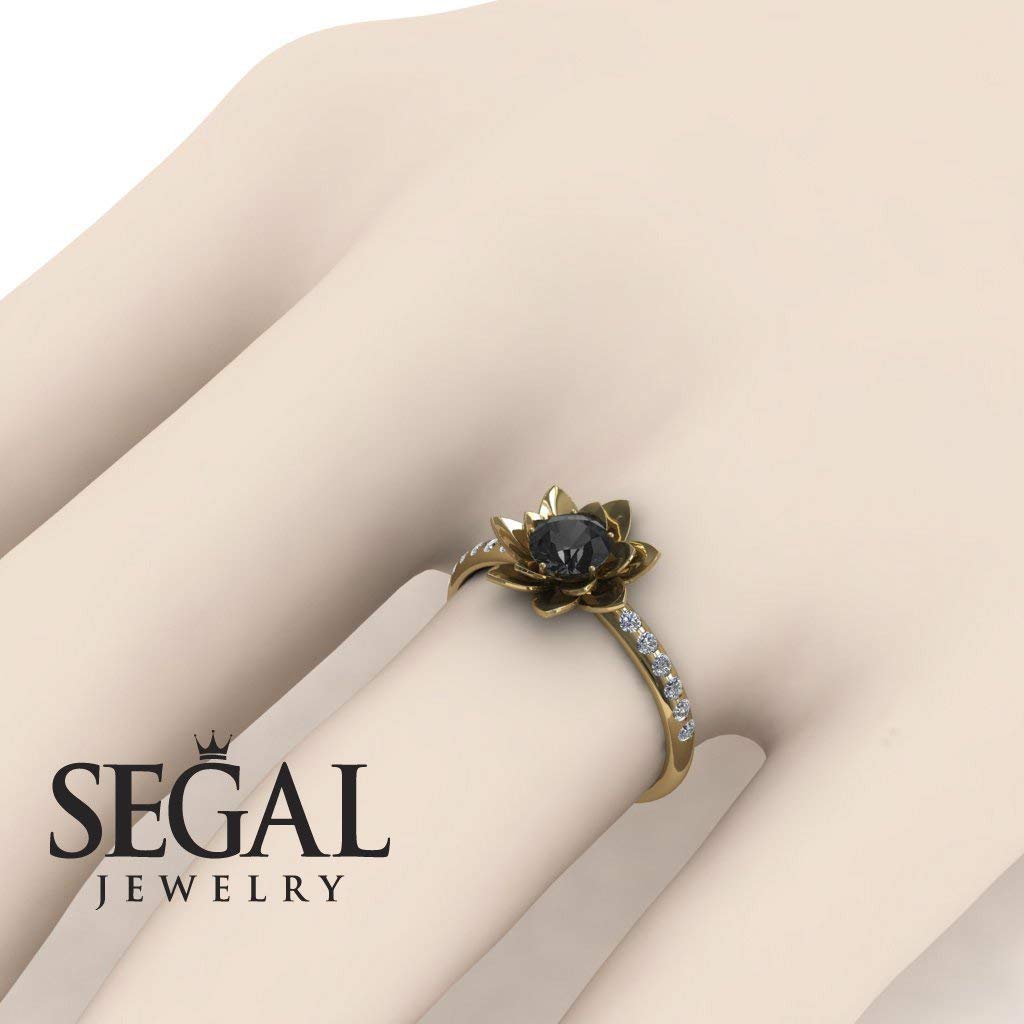 14K Yellow Gold Lotus Flower Engagement Ring with Black & White Diamonds - Elegant Wedding Band for Proposals, Anniversaries & Special Occasions