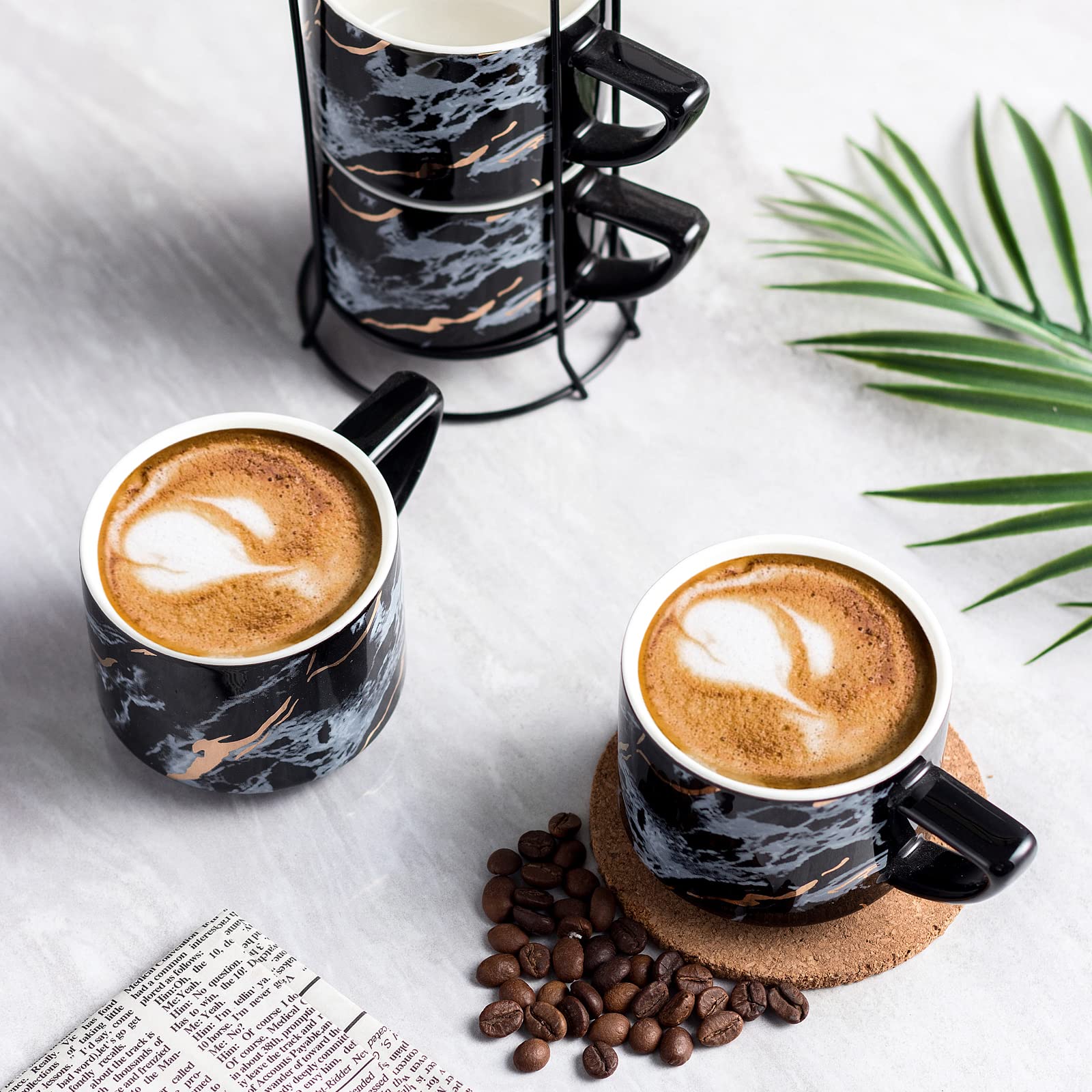 Premium 210ML Stackable Ceramic Cappuccino Cups Set of 4 with Stand - Elegant Black Coffee Mugs for Espresso, Tea & Hot Beverages - Perfect for Home, Office & Cafe Use