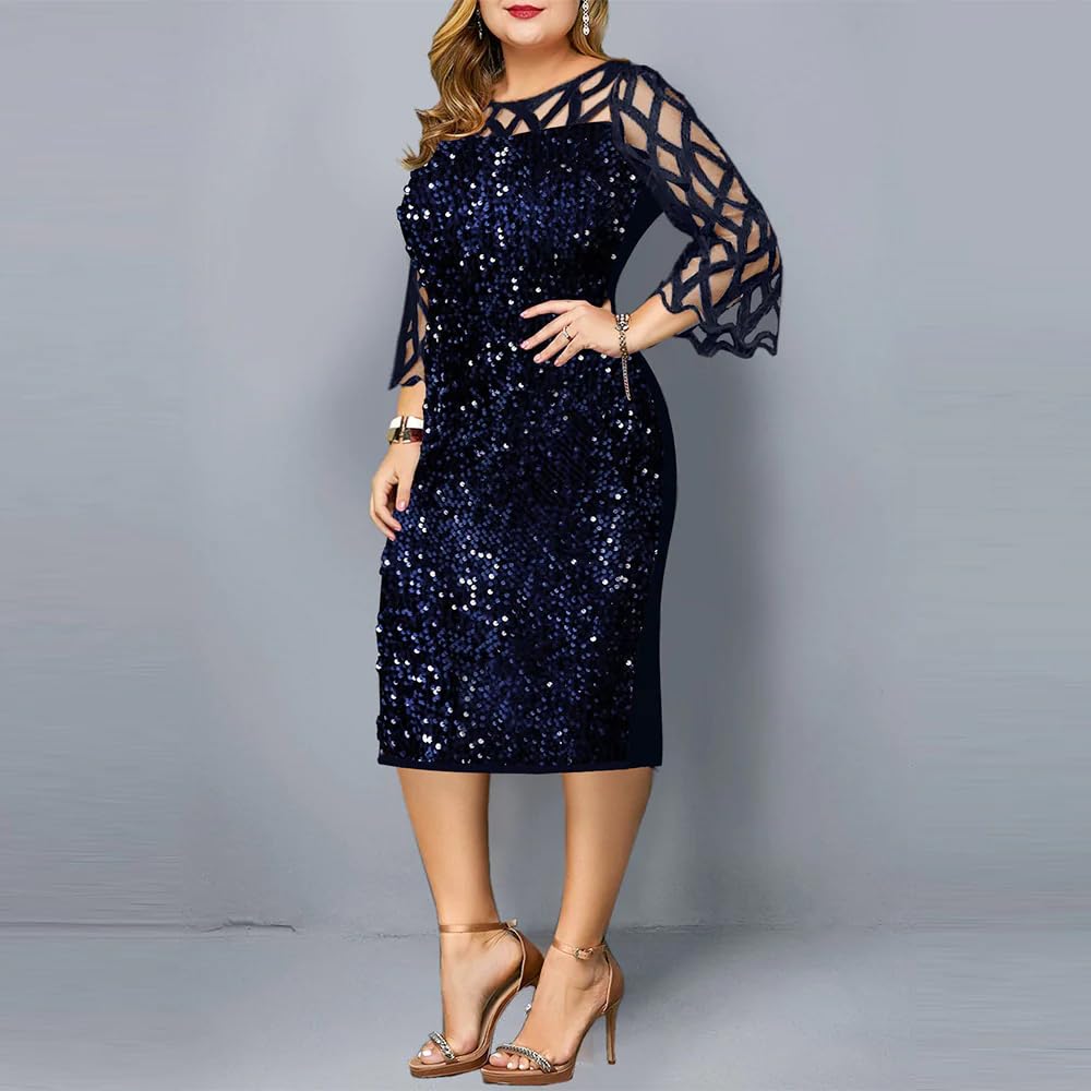 Plus Size Sequin Formal Party Dress for Women - Elegant Midi Evening Gown for Prom, Wedding & Special Occasions
