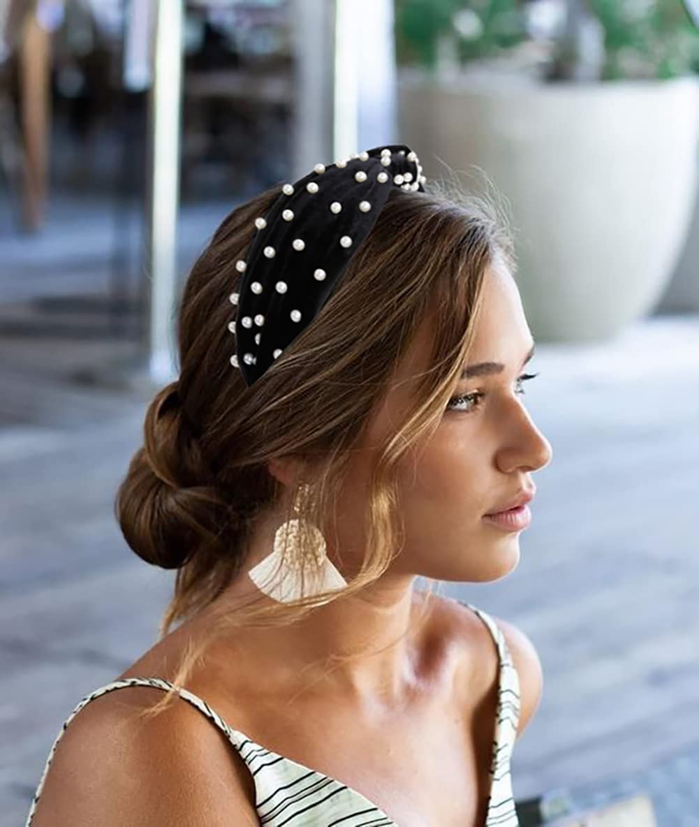 6 Pack Women's Pearl Leopard Print Knotted Elastic Headbands - Fashion Hair Accessories for Girls & Women - Perfect for Workouts, Yoga, Office & Everyday Wear