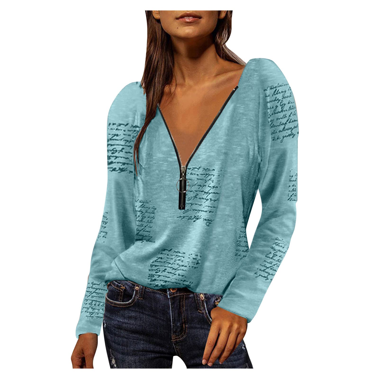 Trendy Women's Sexy V-Neck Zipper Print Tops - Fashion Letter Graphic Blouses & Plus Size T-Shirts | Perfect for Casual Wear, Parties & Everyday Outfits
