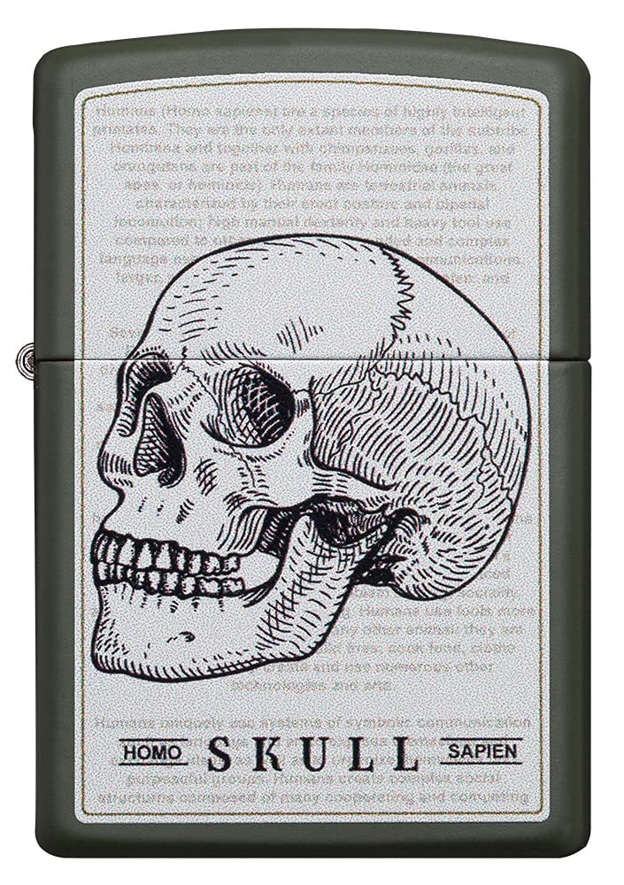 Zippo Green Matte Pocket Lighter with Literary Skull Design - Windproof Refillable Lighter for Outdoor Camping, Hiking & Everyday Carry (EDC)