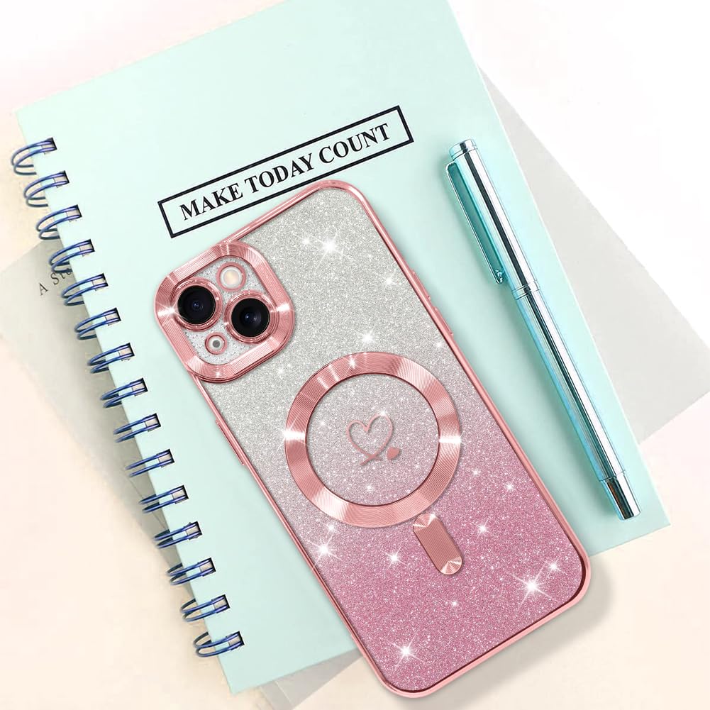 **Bonoma Magnetic Case for iPhone 15 Plus 6.7 Inch - Magsafe Compatible, Glitter Heart Design, TPU Back Cover with 2x Screen Protectors - Pink | Perfect for Everyday Use & Camera Protection**