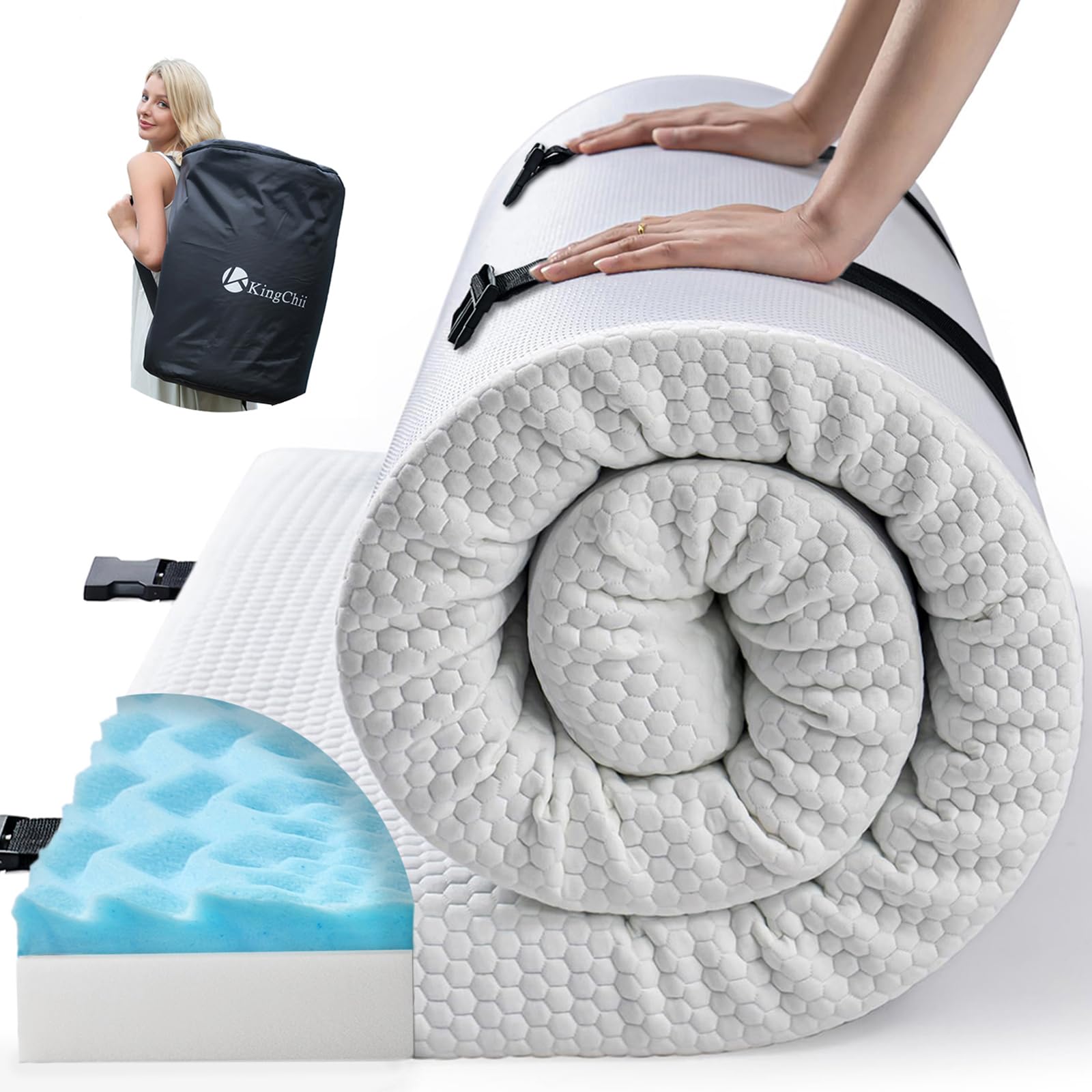 KingChii CertiPUR-US Certified Memory Foam Camping Mattress - Portable Roll Up Travel & Car Sleeping Pad, Foldable Floor Mattress for Guest Bed, Sleepovers, Hiking, Backpacking & Outdoor Adventures