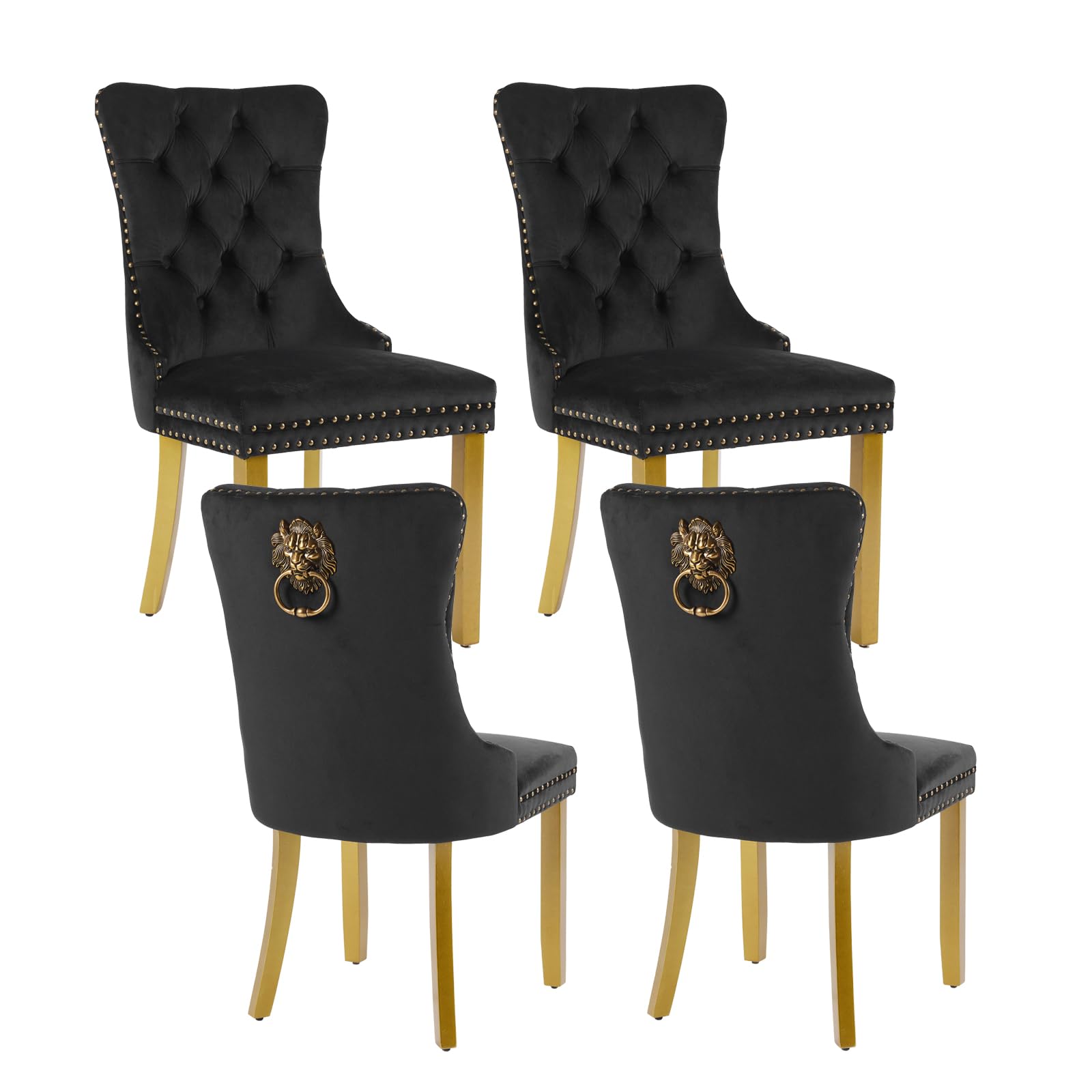 Luxury Velvet Dining Chairs Set of 4 - Modern Tufted Upholstered Kitchen Chairs with Lion Head Pulls & Solid Wood Gold Legs - Elegant Black Dining Room Chairs for Home, Restaurant, Wedding Decor