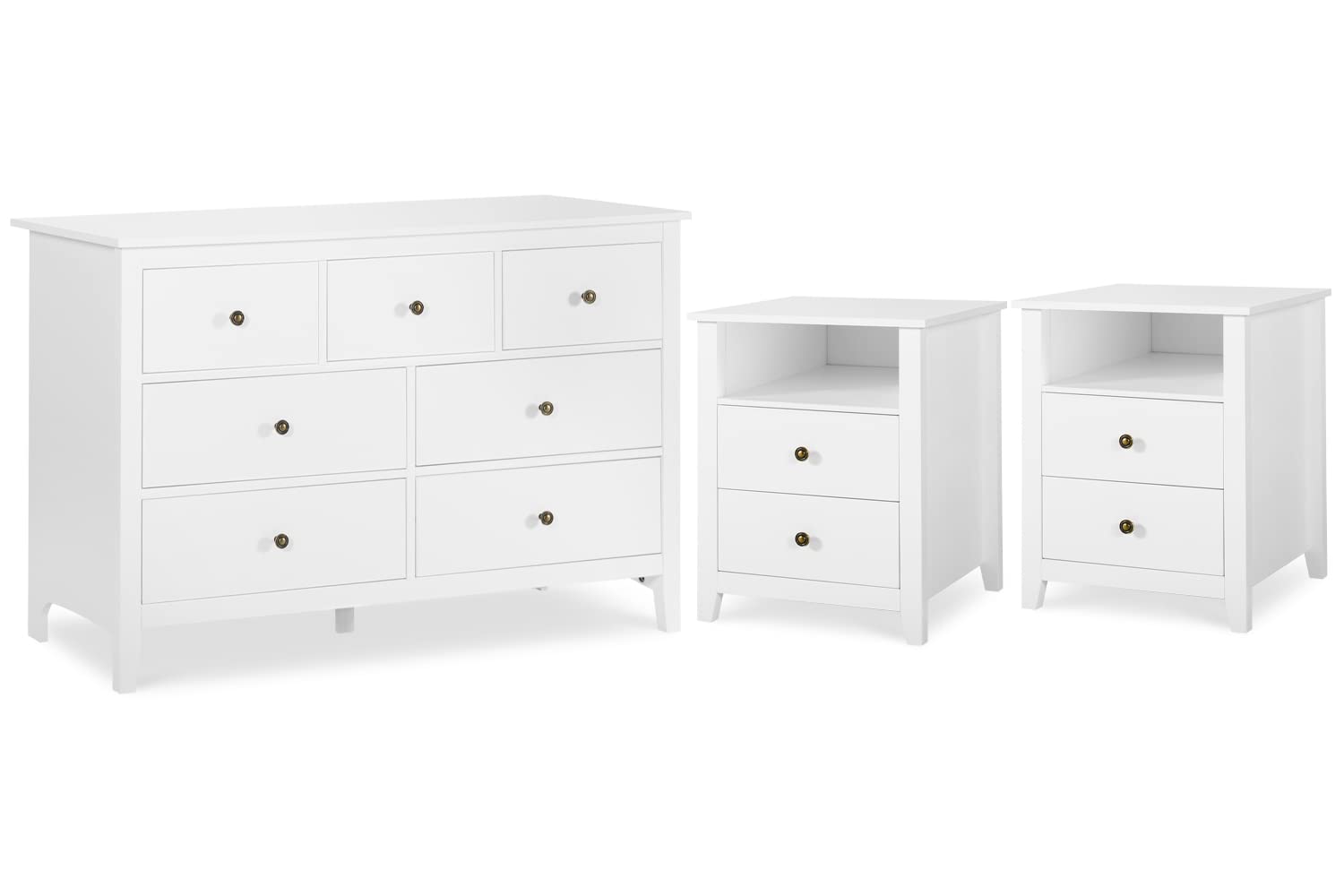 Vikiullf 3-Piece Modern Bedroom Set - White Wooden 7-Drawer Dresser & 2-Drawer Nightstands, Contemporary Bedroom Furniture for Master Bedroom, Guest Room or Apartment
