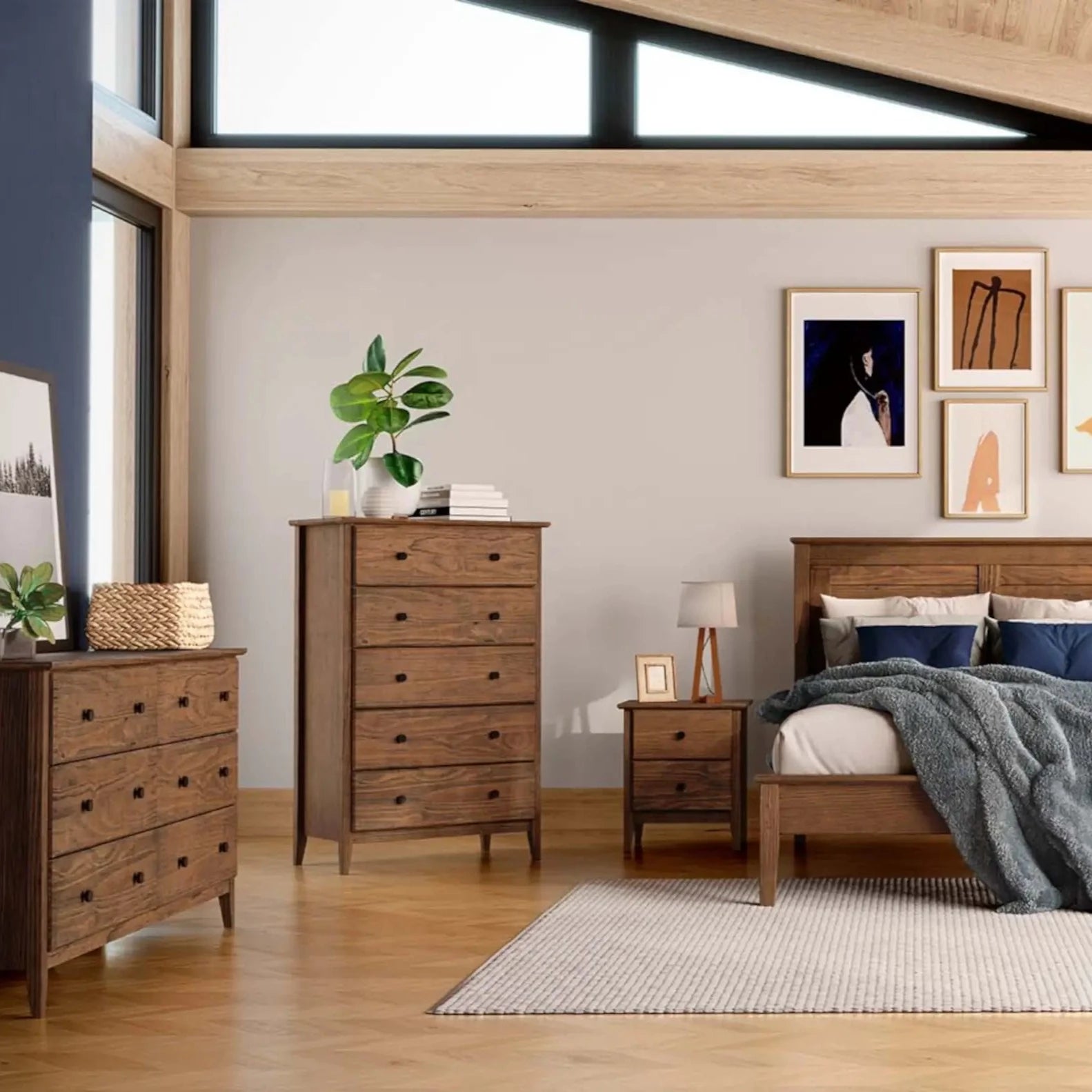 Greenport 5-Piece Bedroom Set - Queen Size Bed Frame, Nightstand, Dresser & Mirror - Modern Farmhouse Furniture for Master Bedroom or Guest Room