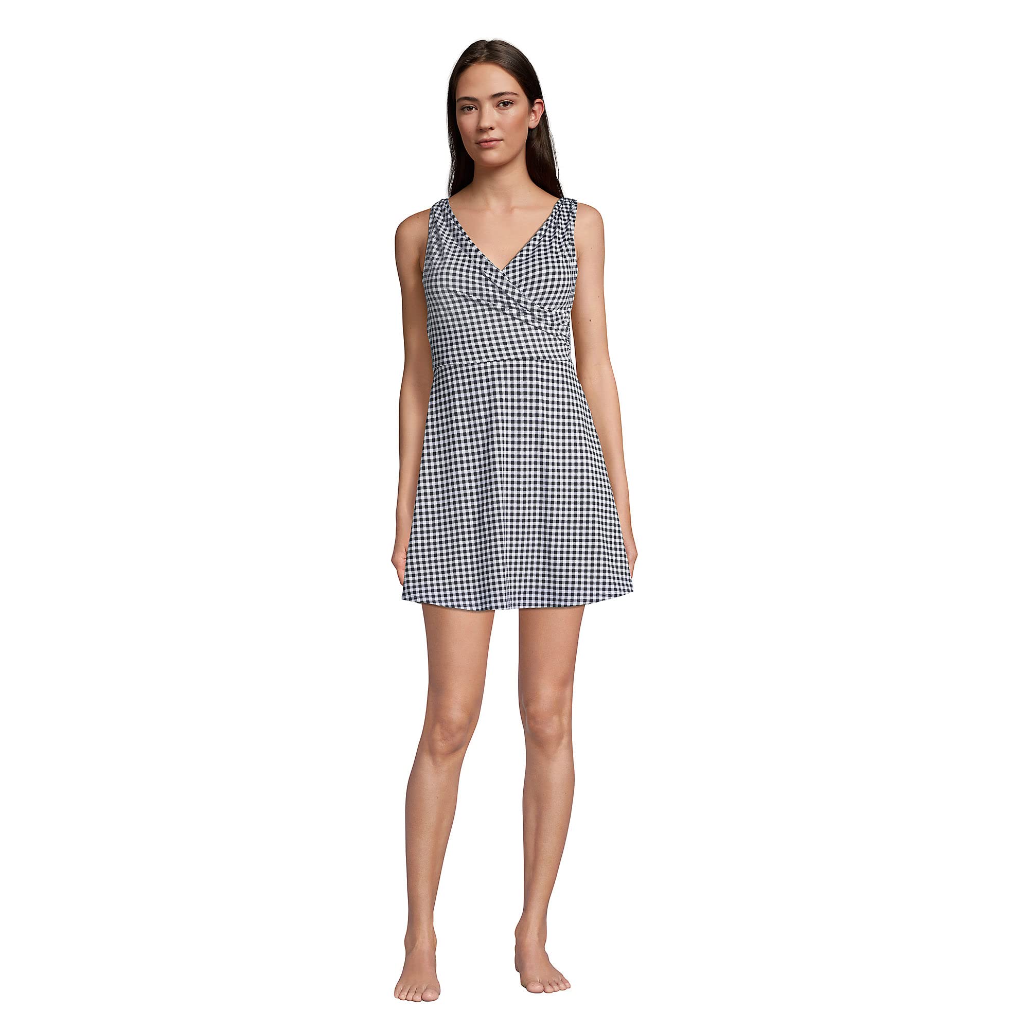 Lands' End Women's Chlorine Resistant Surplice Swim Dress - Control Black/White Gingham - Size 10 | Perfect for Beach Vacations, Pool Parties & Summer Getaways