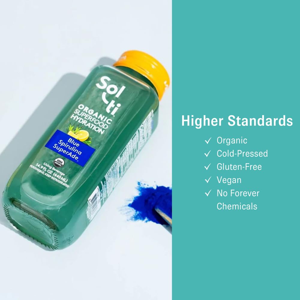 Organic SuperAde Hydration Drink with Cold-Pressed Blue Spirulina & Lemon Juice - Boosts Memory & Energy | SuperFood Lemonade by Sol-ti | 16 Pack (14.9 Fl Oz) | Perfect for Workouts, Yoga & Post-Workout Recovery