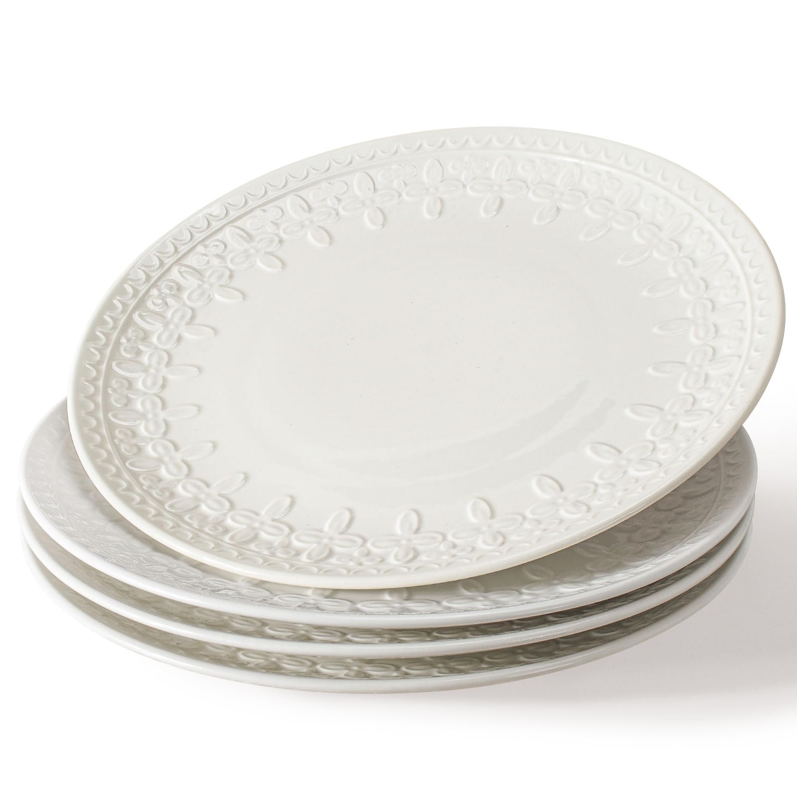Premium 10.75 Inch Large White Ceramic Dinner Plates Set of 4 - Embossed Floral Design, Microwave & Dishwasher Safe Plates for Everyday Dining, Parties & Restaurant Use
