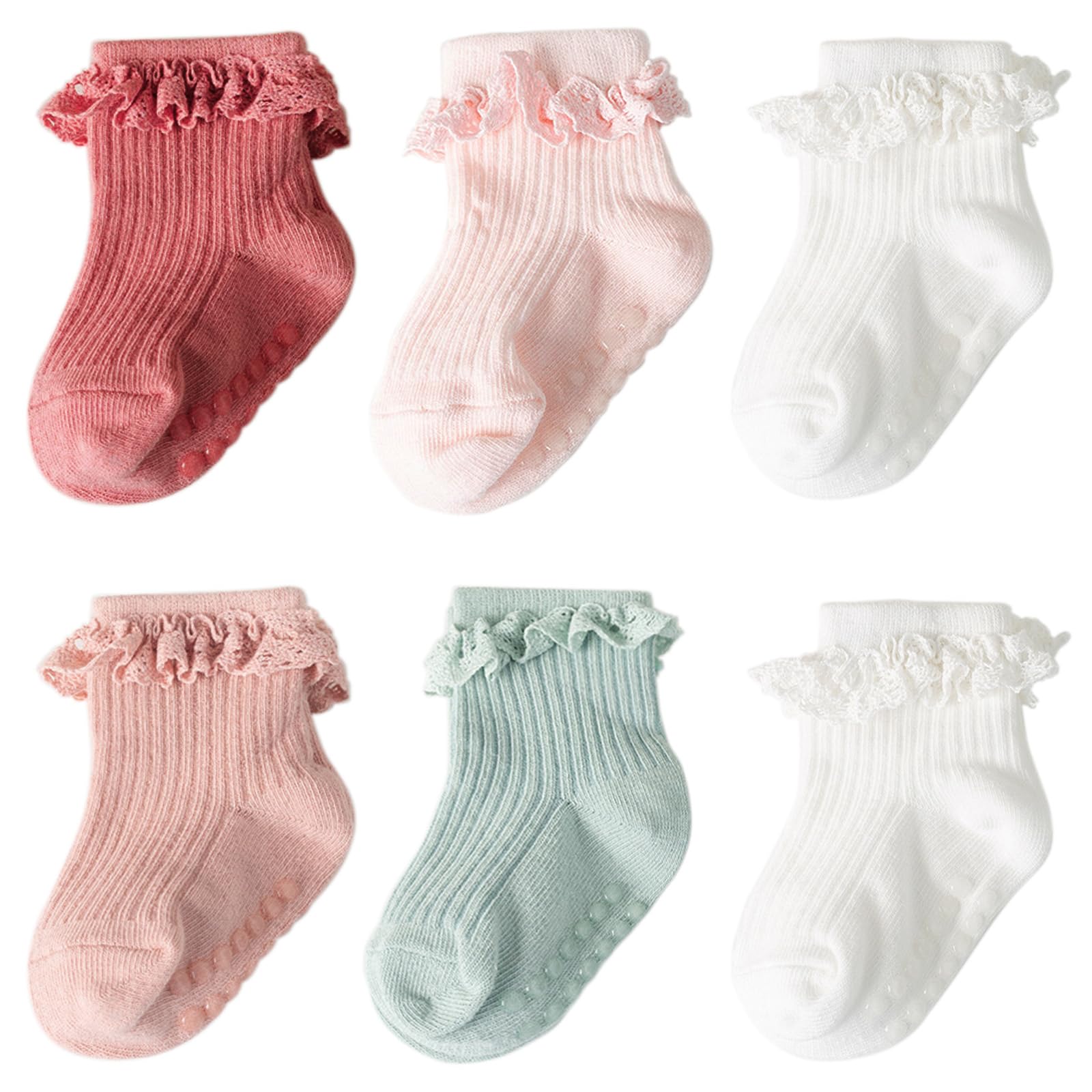 DRESHOW BQUBO Baby Girls Non-Slip Socks - Cute Ruffled Ankle Grip Socks for Infants & Toddlers | Soft & Safe for Crawling, Playtime & First Steps
