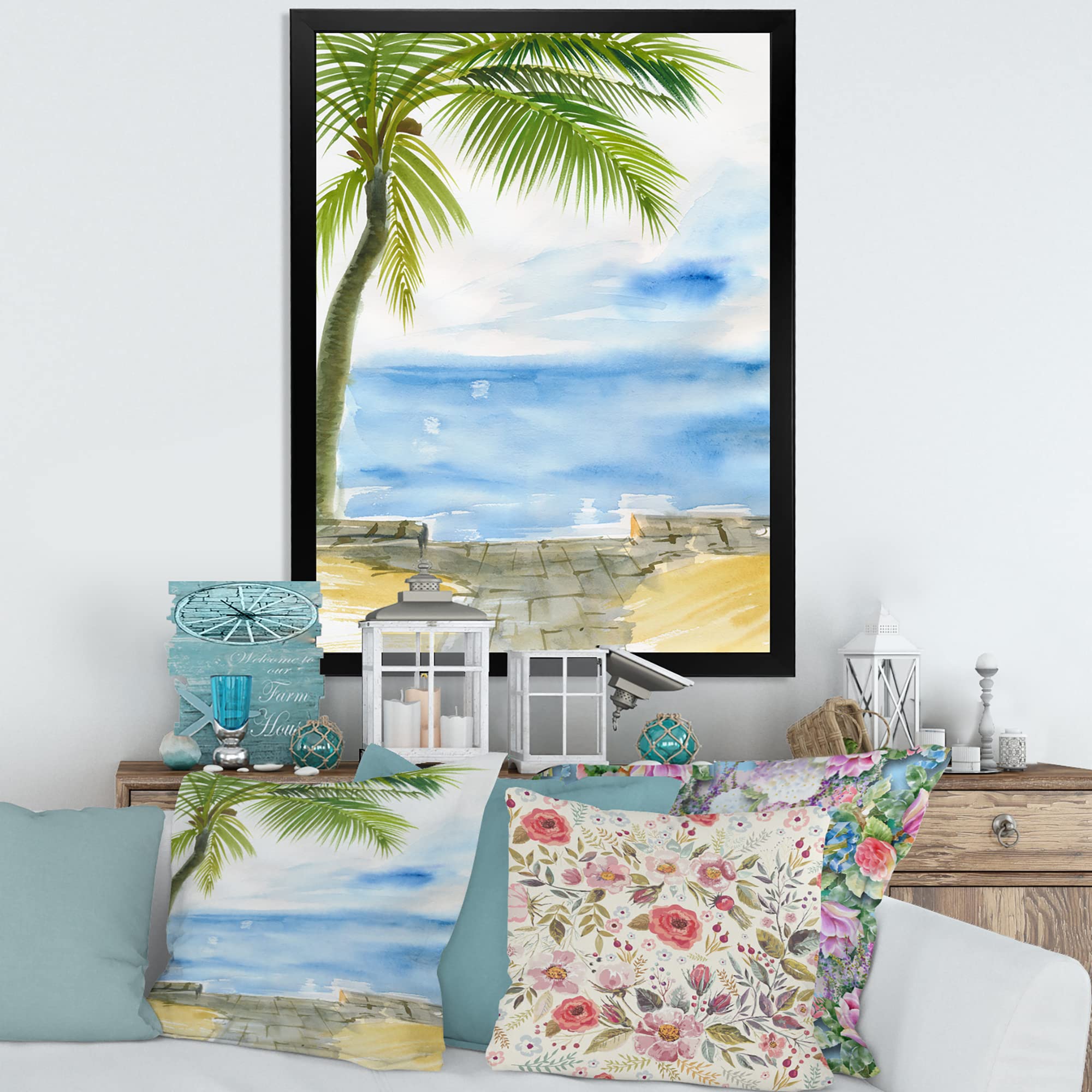 DesignQ Palm Beach Resort At Dawn II Nautical & Coastal Framed Wall Art - Beach House Decor, Ocean Themed Painting for Living Room, Bedroom & Office