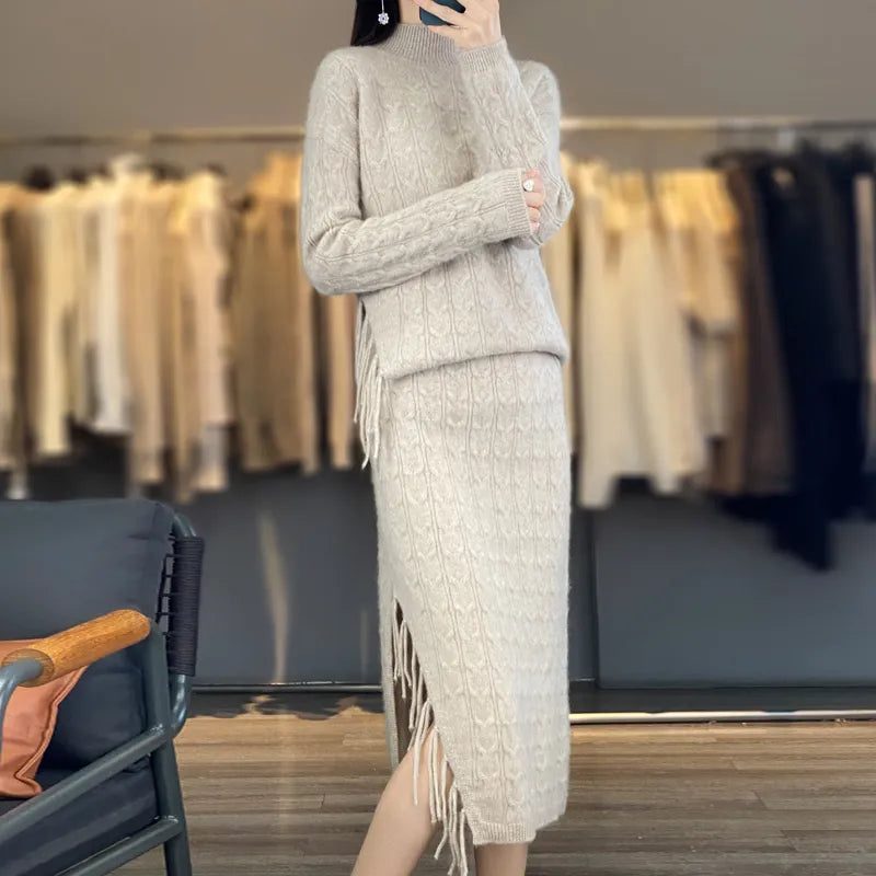 Women's Autumn Winter Pure Wool Sweater Set - Semi High Neck Cashmere Knit Top & Tassel Skirt 2-Piece Outfit | Warm Winter Fashion for Office, Dating & Holiday Parties