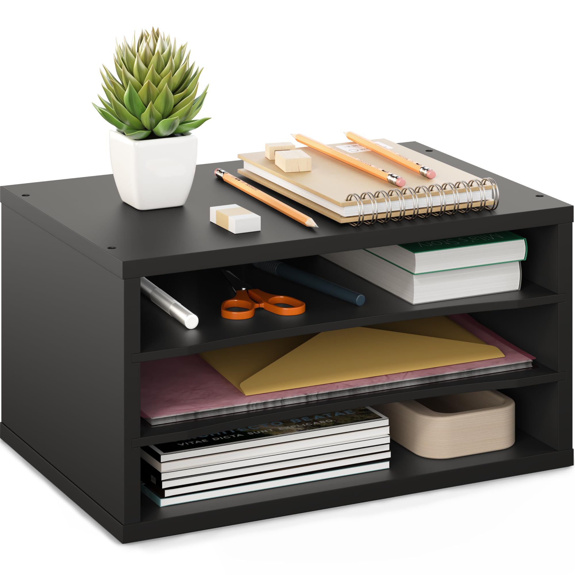Ballucci 3-Tier Stackable Wooden Desk Organizer - Adjustable Document File Holder, Mail Sorter & Paper Storage Shelves for Office, Home & Workspace (Black) | Perfect for Bills, Letters & Office Supplies Organization