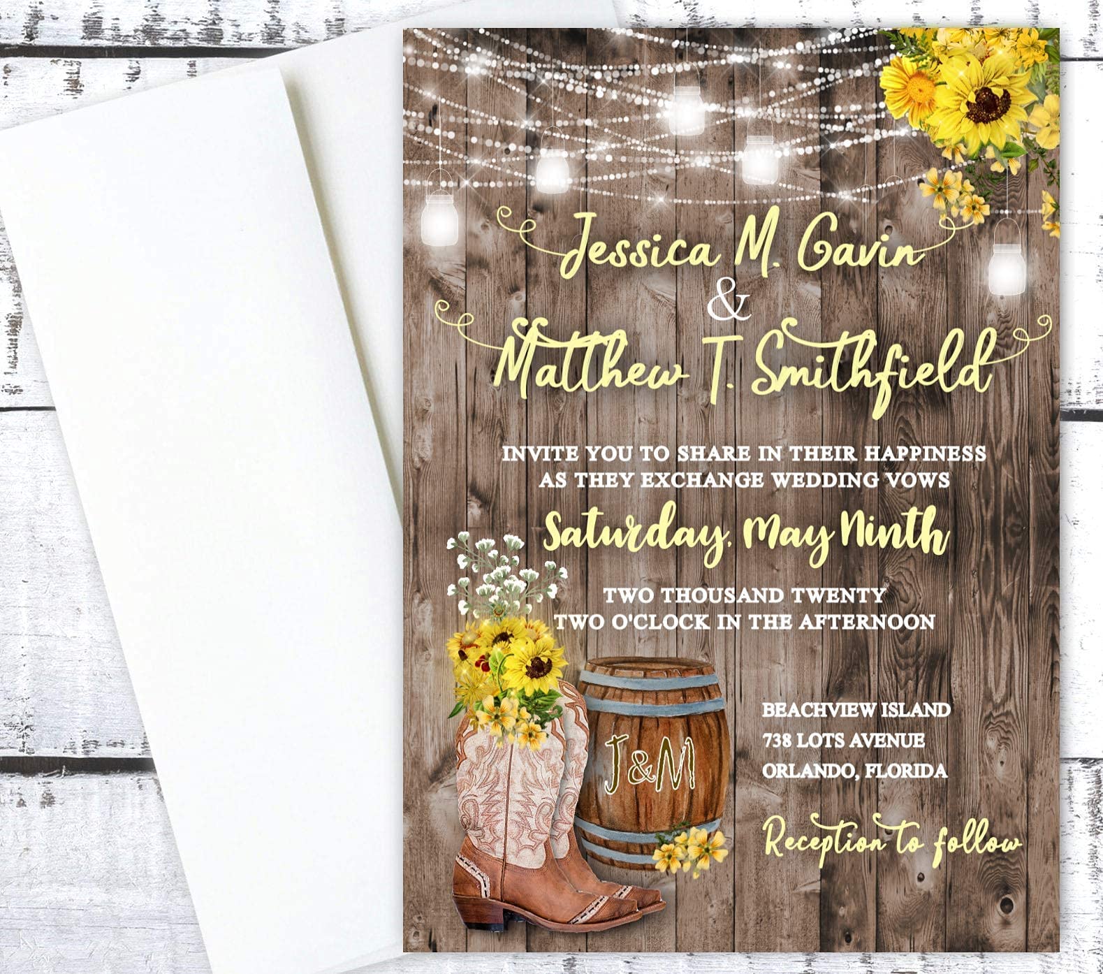 Rustic Sunflower Wedding Invitations Set of 50 - Western Cowboy Cowgirl Country Theme with Envelopes - Perfect for Barn Weddings, Country Themed Parties & Western Events