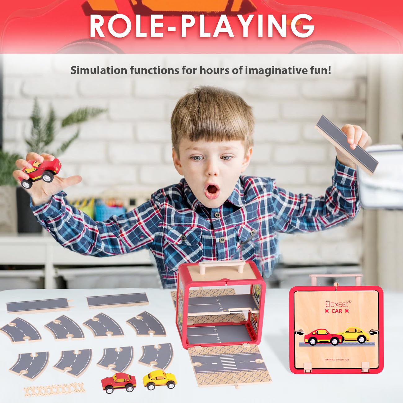 **Wooden Toy Car Set for Toddlers - Car Track & Parking Garage Playset with Storage Box | Educational Building Blocks for Kids, Boys & Girls | Perfect for Pretend Play, Motor Skills Development & Early Learning**