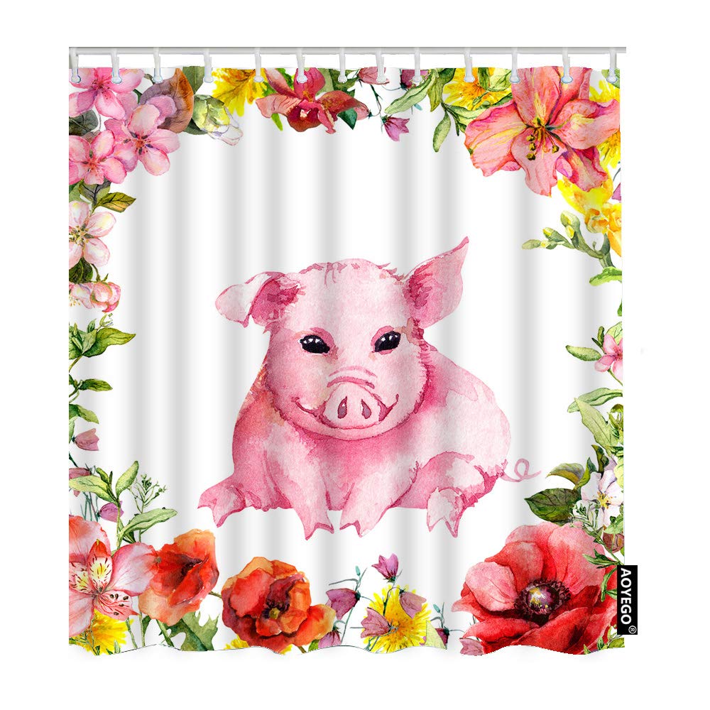 Cute Pig Shower Curtain with Blooming Flowers & Green Leaves - Waterproof Polyester Fabric Bathroom Decor (60x72 Inch) for Kids, Farmhouse, or Whimsical Bathroom Theme