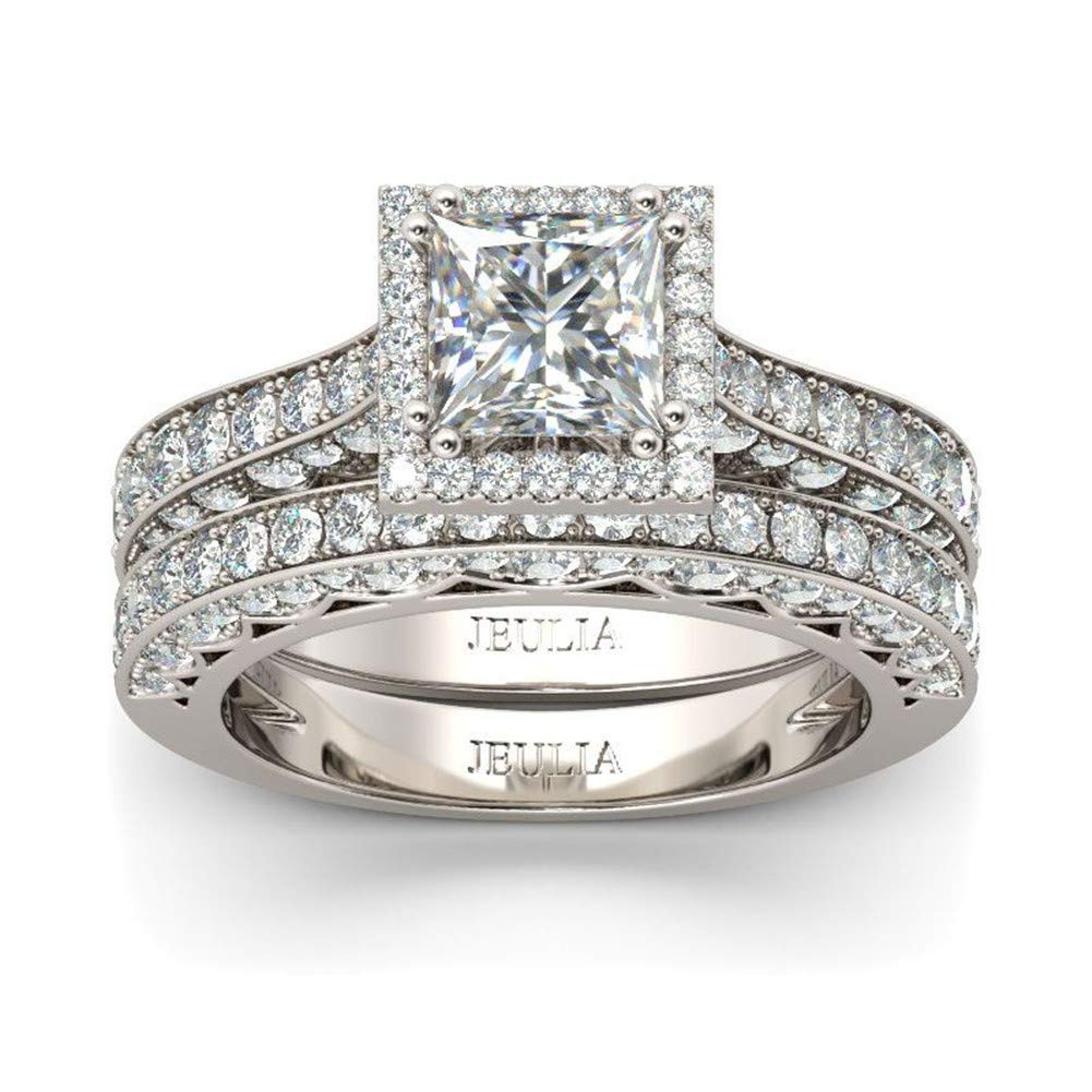 Jeulia Princess Cut Sterling Silver Halo Diamond Engagement Ring for Women - Cubic Zirconia CZ Bridal Wedding Ring Set with Jewelry Gift Box - Perfect for Proposals, Anniversaries & Special Occasions