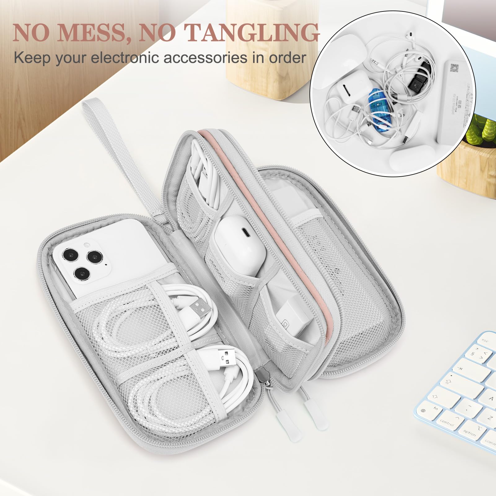 FYY Electronic Organizer Travel Cable Organizer Bag - Waterproof Double Layer Pouch for Chargers, Cords, Phones & Accessories | Portable Storage Case for Travel, Office & Home Use (Pink Pattern)
