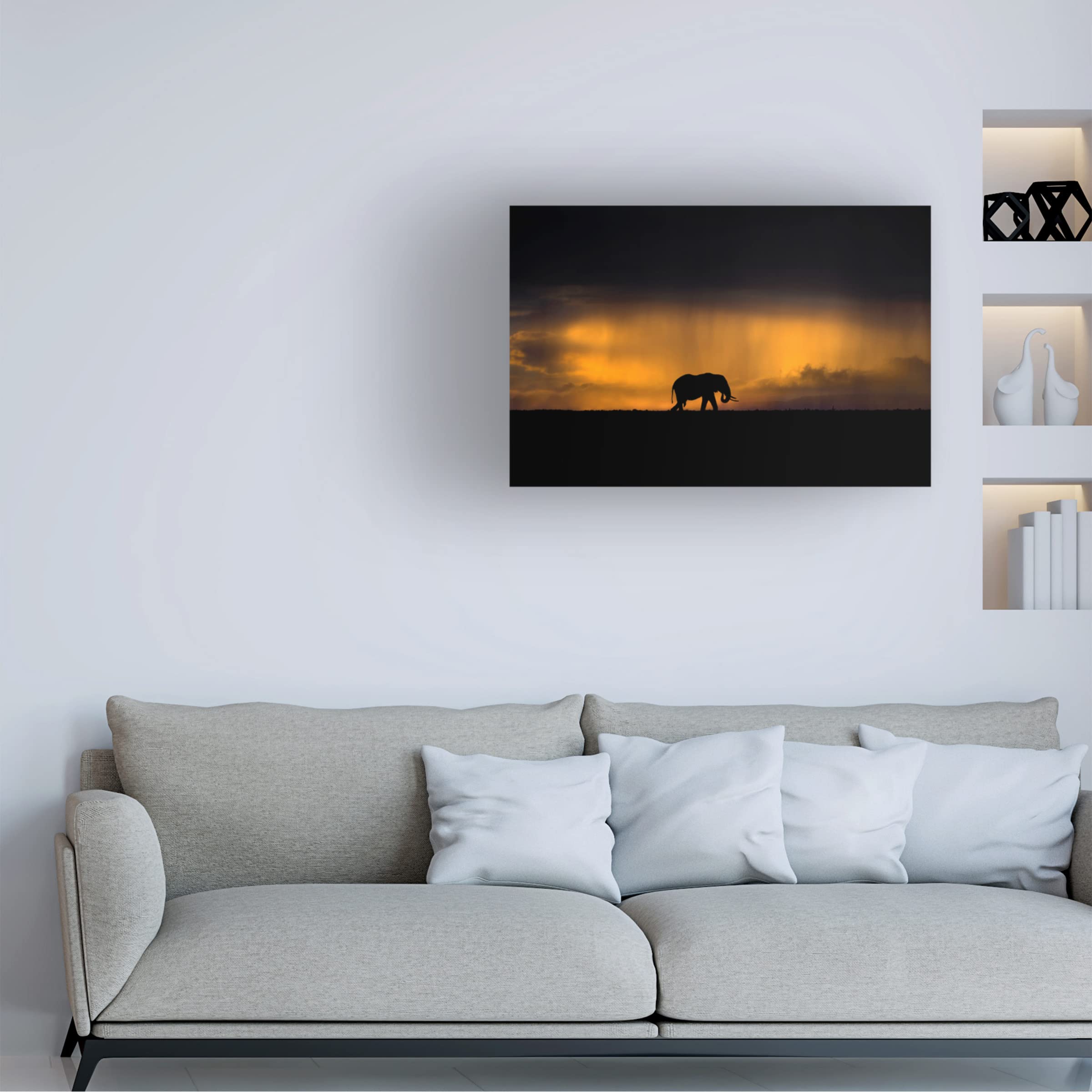Xavier Ortega 'Elephant In A Rain Storm At Sunset' Canvas Wall Art Print - Handmade Elephant Painting for Living Room, Bedroom & Office Decor